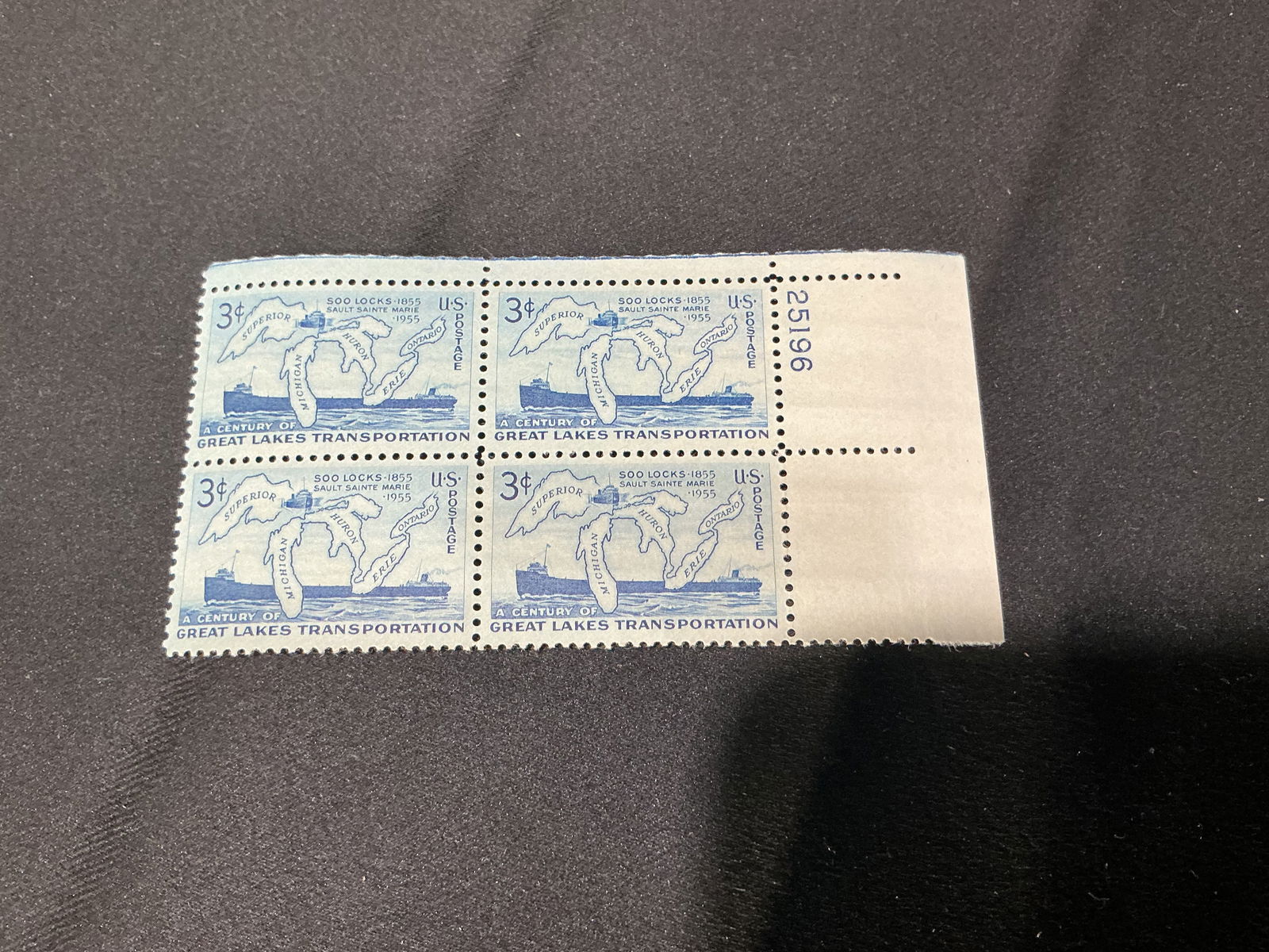 1955 U.S. 3 Great Lakes Transportation (Soo Locks) Plate Block (4): U.S. 3 A Century of Great Lakes Transportation' (Soo Locks 1855-1955) plate block of four with plate number.