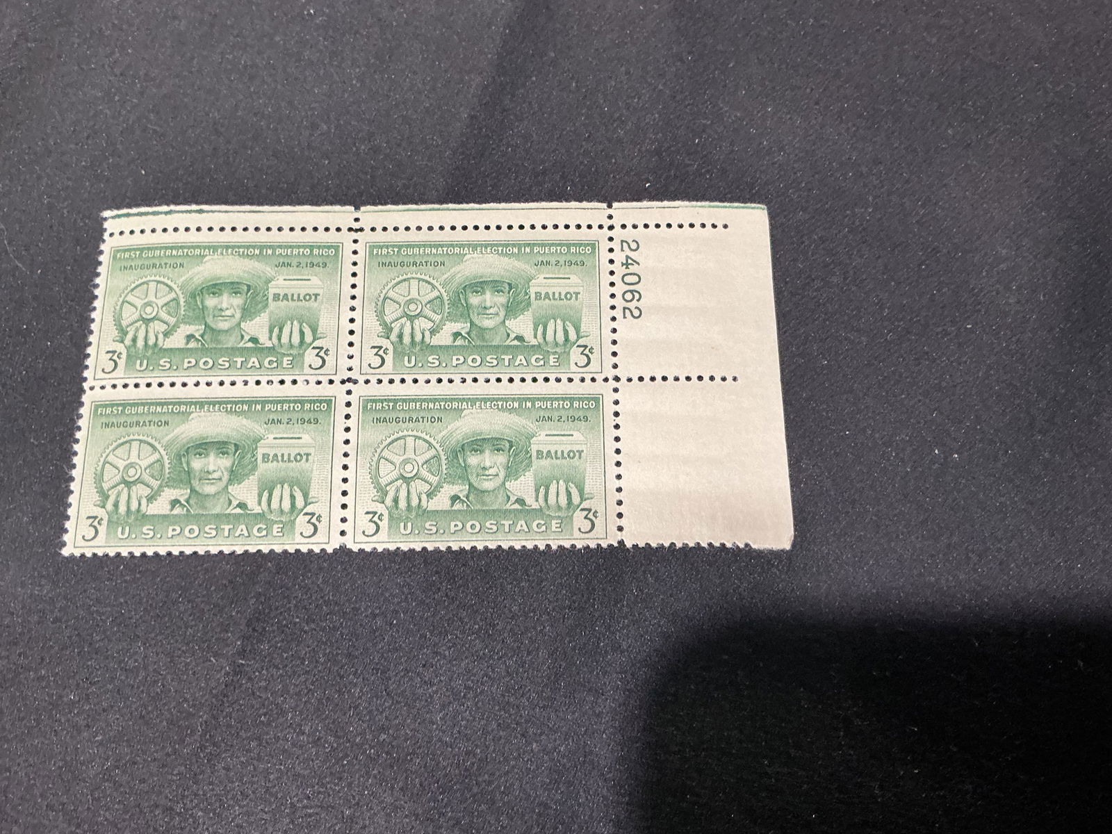 1949 U.S. 3 Puerto Rico First Gubernatorial Election Plate Block (4): U.S. 3 commemorative for Puerto Rico's first gubernatorial election / inauguration (Jan. 2, 1949) in a plate block of four with plate number.
