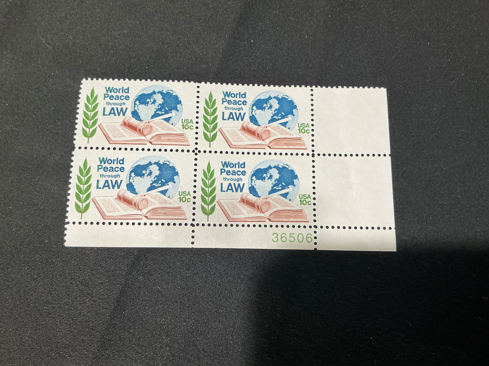 U.S. 10c World Peace Through Law plate block of 4 (1 of 1)