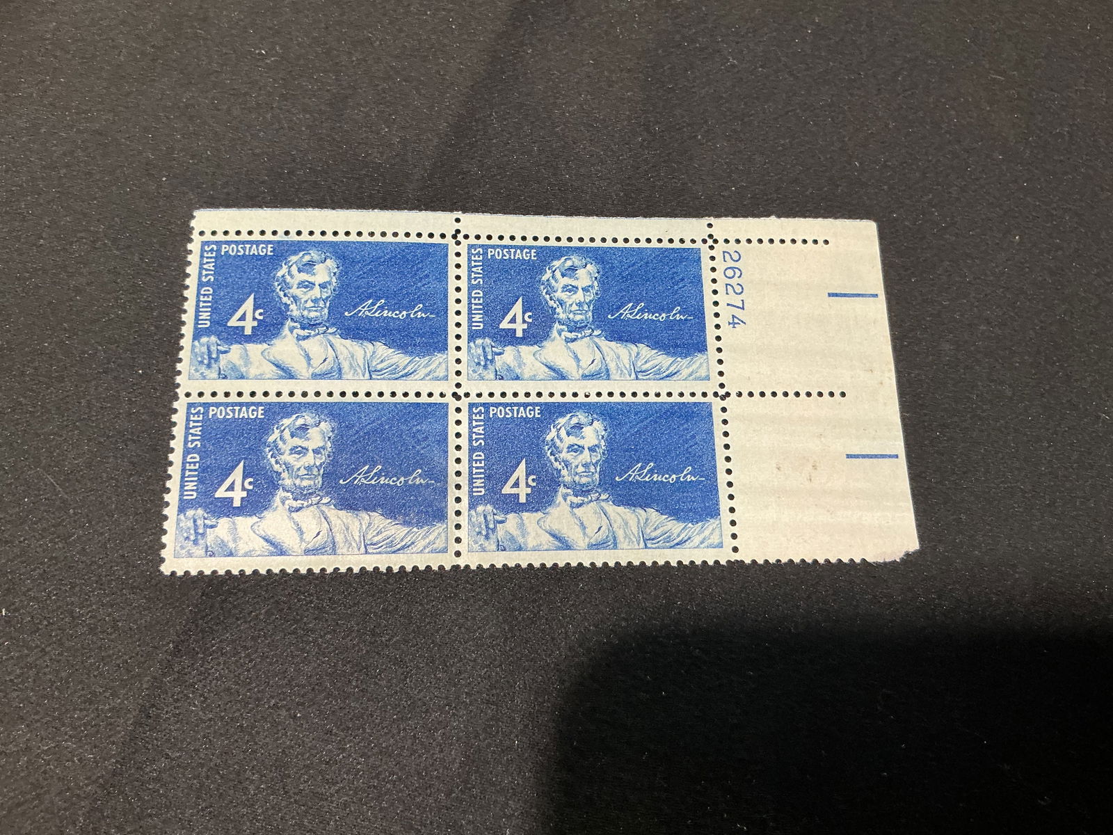 U.S. 4c Abraham Lincoln (Lincoln Memorial) plate block of 4 (1 of 1)