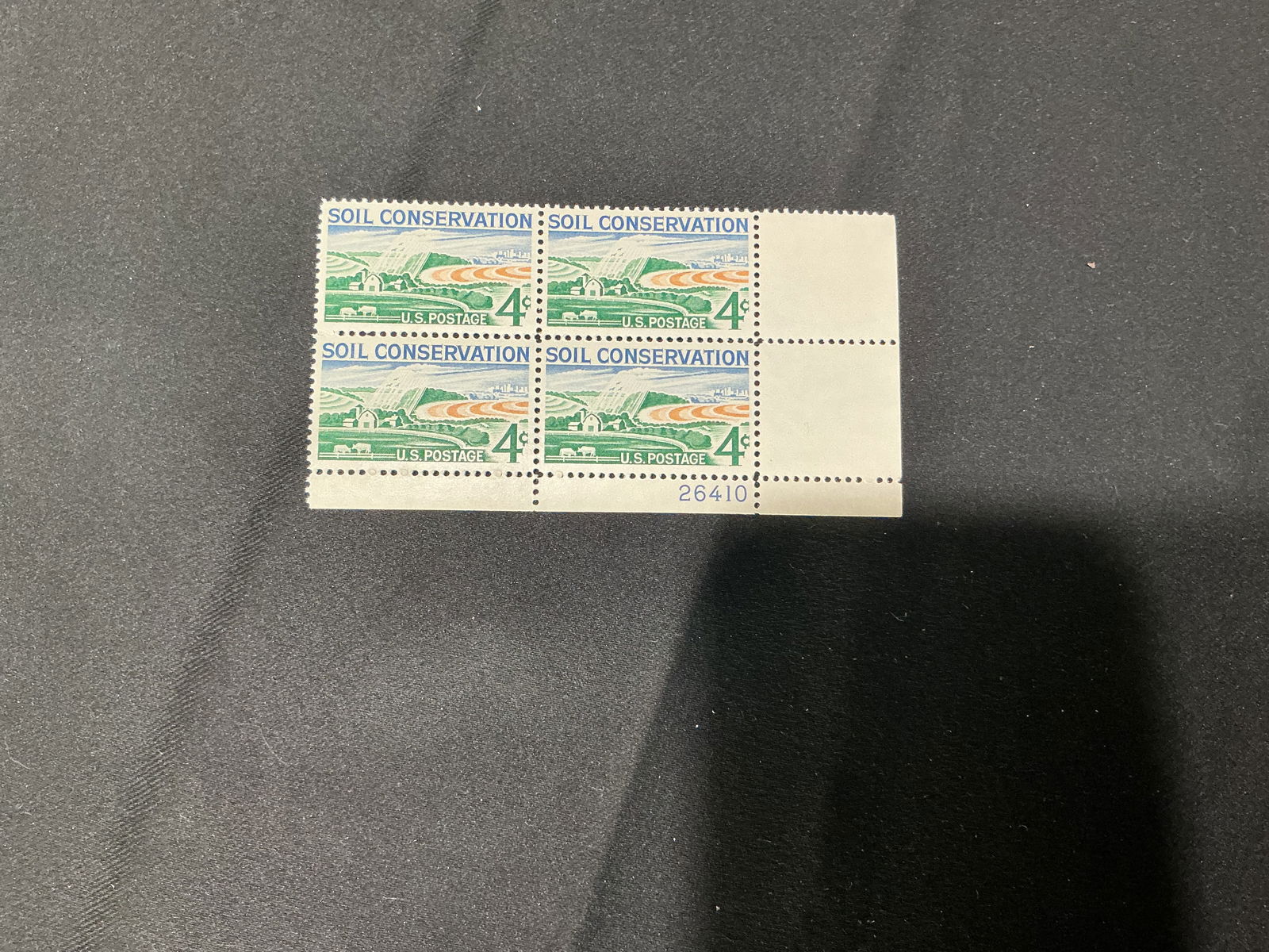 U.S. 4c Soil Conservation plate block of 4: Soil Conservation U.S. commemorative stamps, 4c denomination. Plate block of four with attached selvage and plate number, as shown.