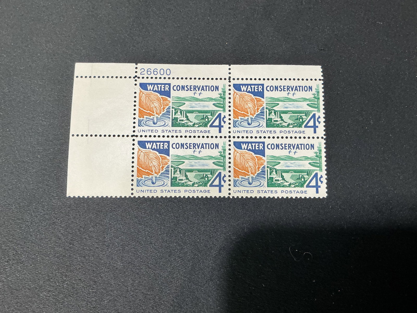 U.S. 4c Water Conservation plate block of 4: Water Conservation U.S. commemorative, 4c denomination. Plate block of four with attached selvage and plate number, as photographed.