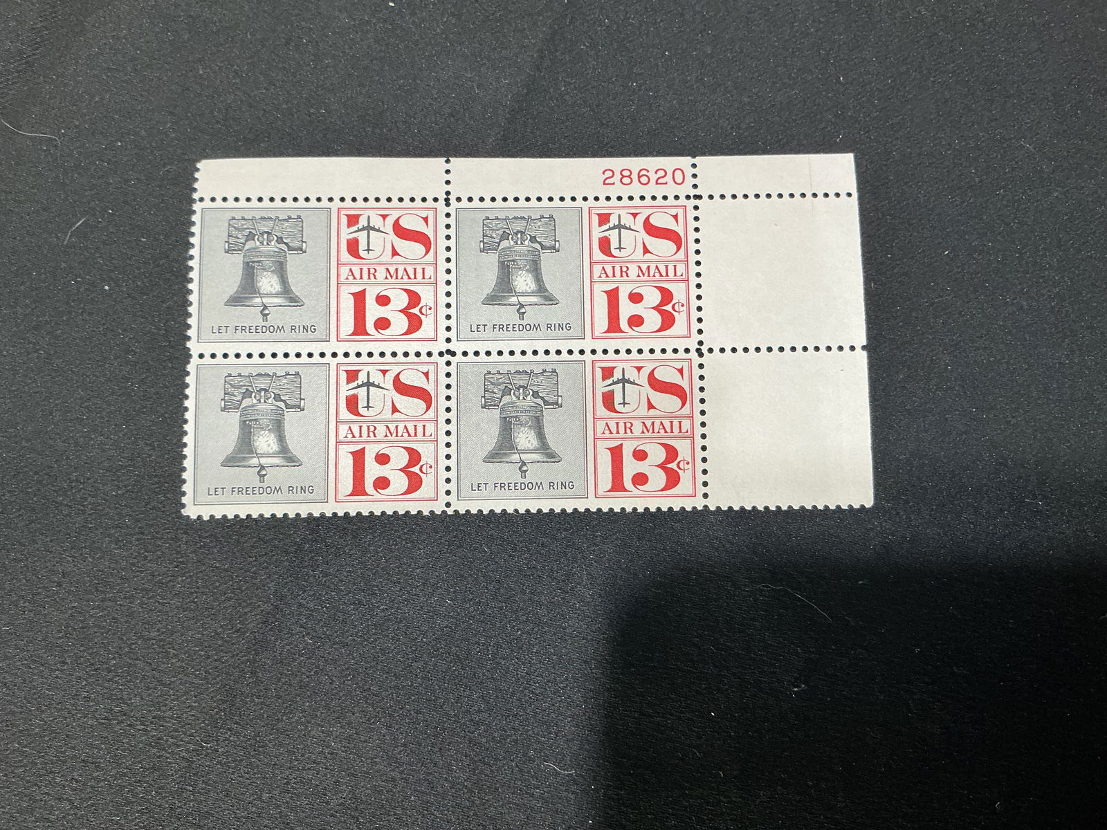 U.S. Air Mail 13cLet Freedom Ring Liberty Bell plate block of 4 (1 of 1)