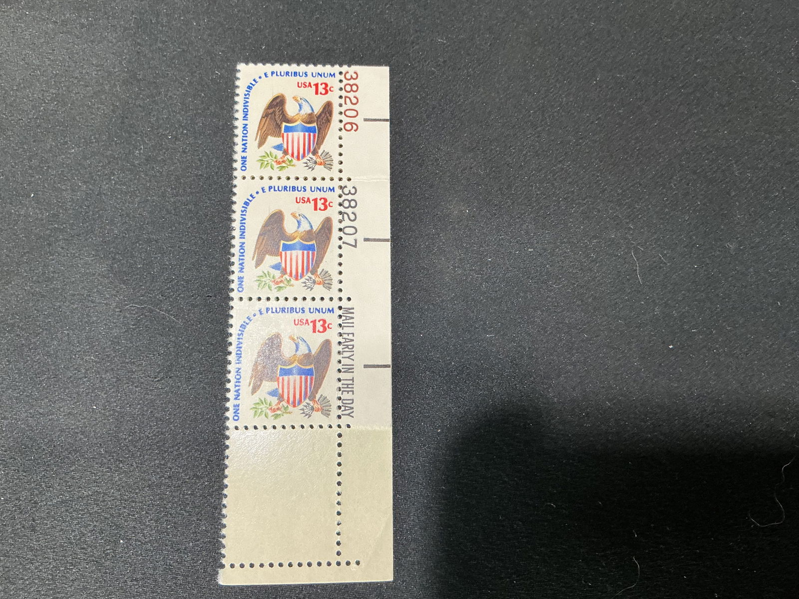 U.S. 13cOne Nation Indivisible eagle strip of 3 w/ slogan margin (1 of 1)