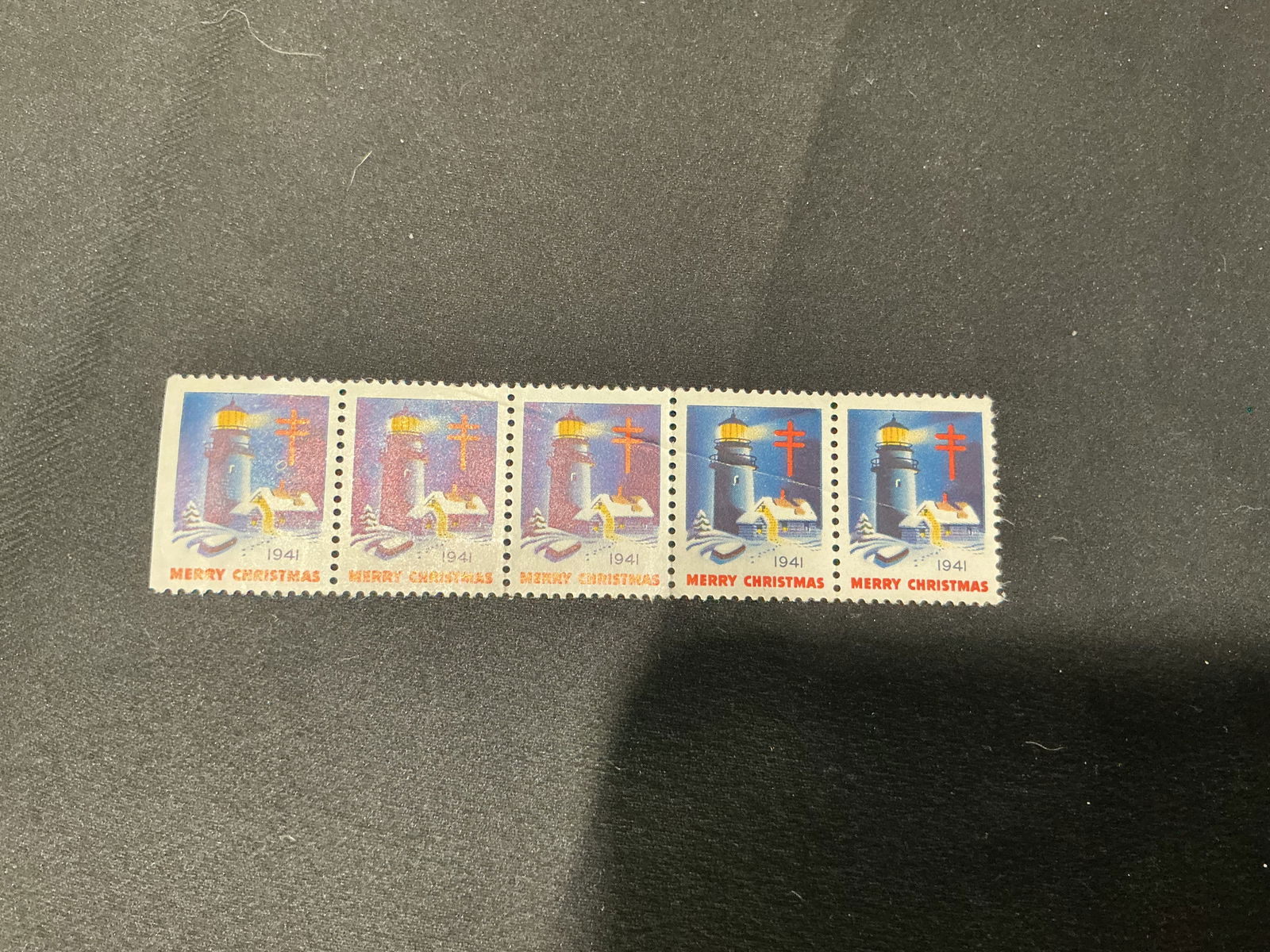 U.S.Merry Christmas 1941 lighthouse stamps strip of 5 (1 of 1)