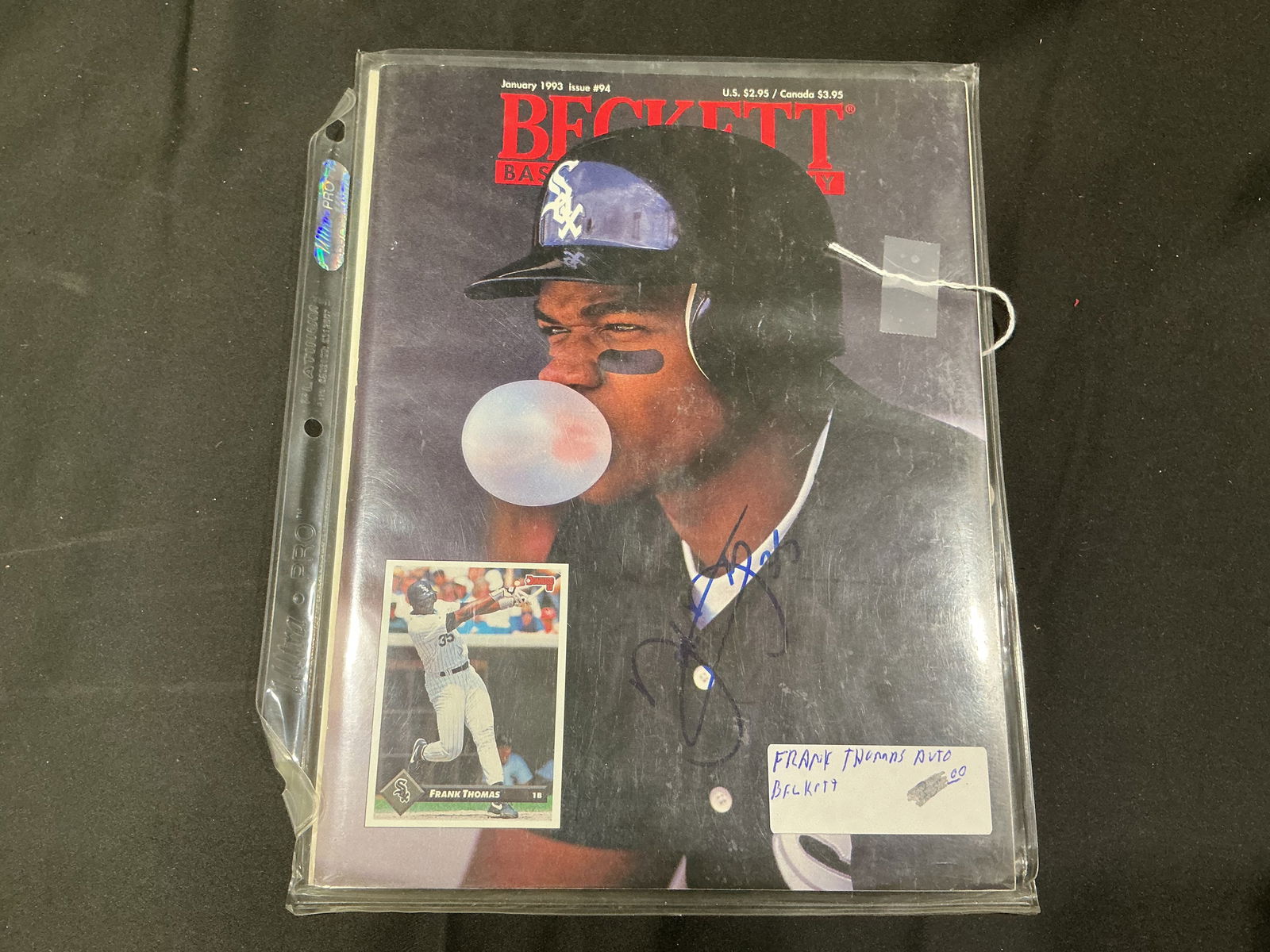 Frank Thomas Autographed January 1993 Beckett Magazine: Original January 1993 Beckett Baseball Card Monthly magazine featuring Frank Thomas on the cover, boldly signed by the Hall of Famer in blue marker. Includes the original Certificate of Authenticity f