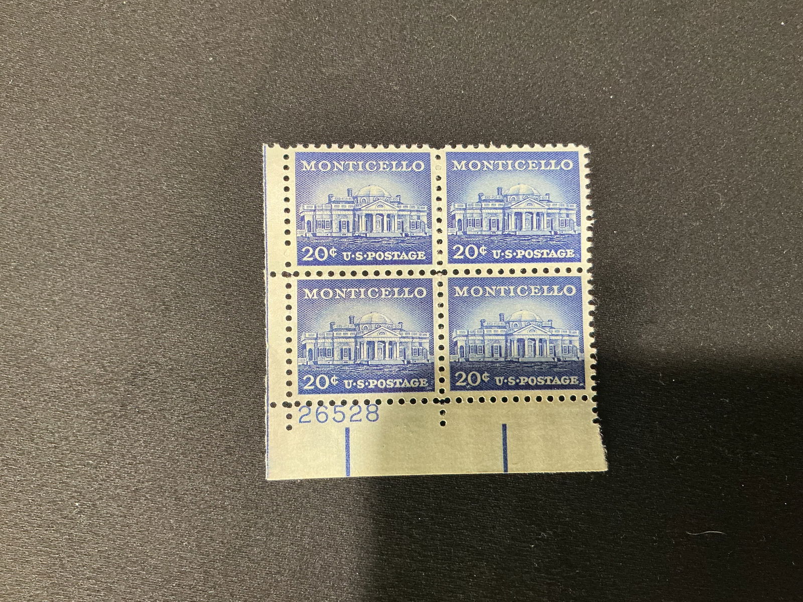 U.S. 20c Monticello plate block of 4 (1 of 1)