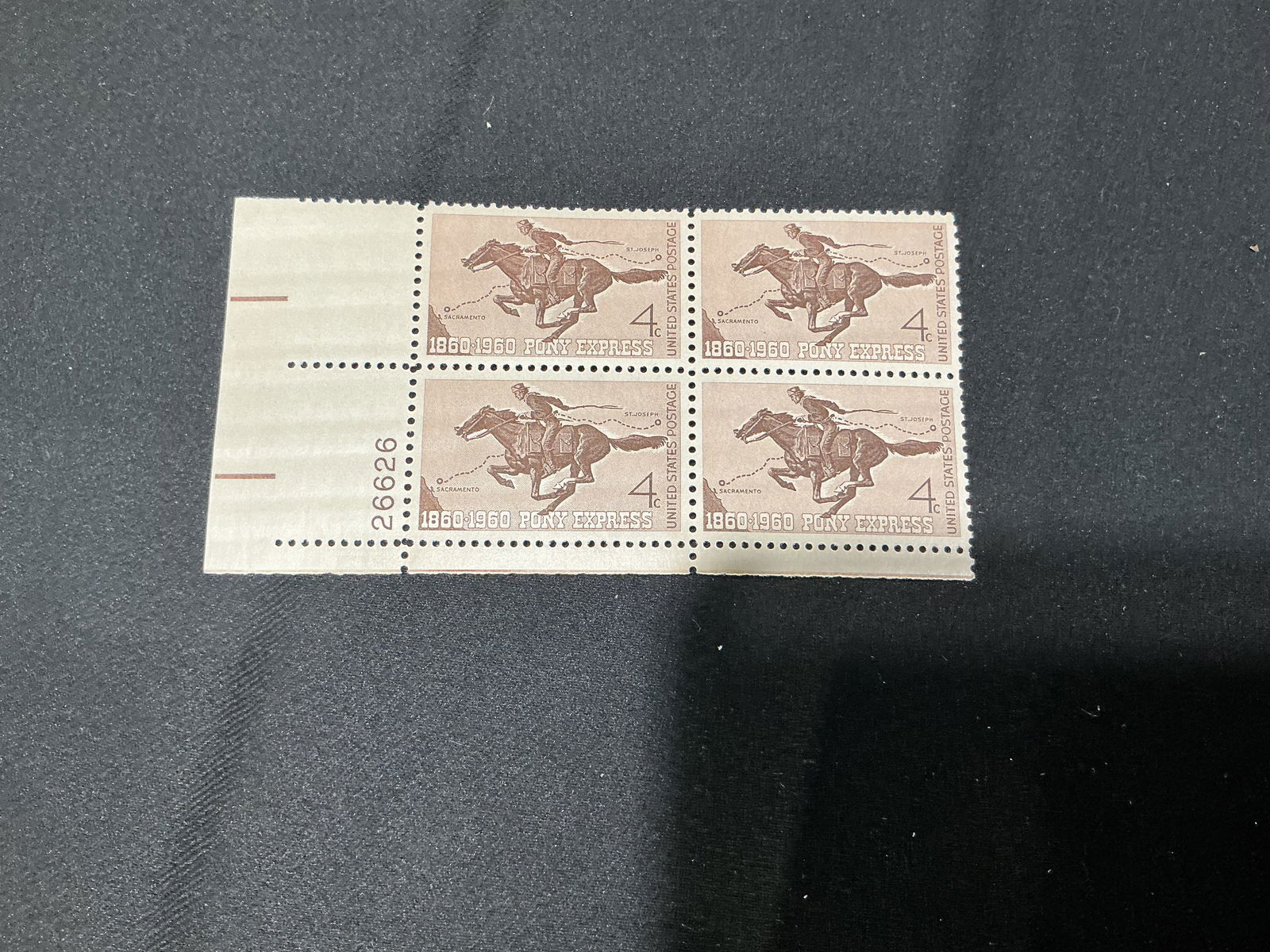 U.S. 4c Pony Express 1860-1960 plate block of 4 (1 of 1)