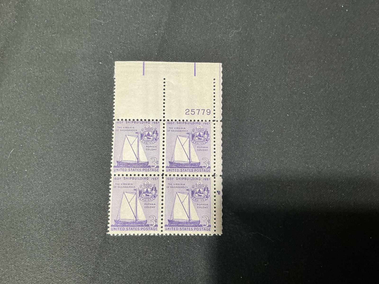 U.S. 3c Shipbuilding 1607-1957Virginia of Sagadahock plate block of 4 (1 of 1)