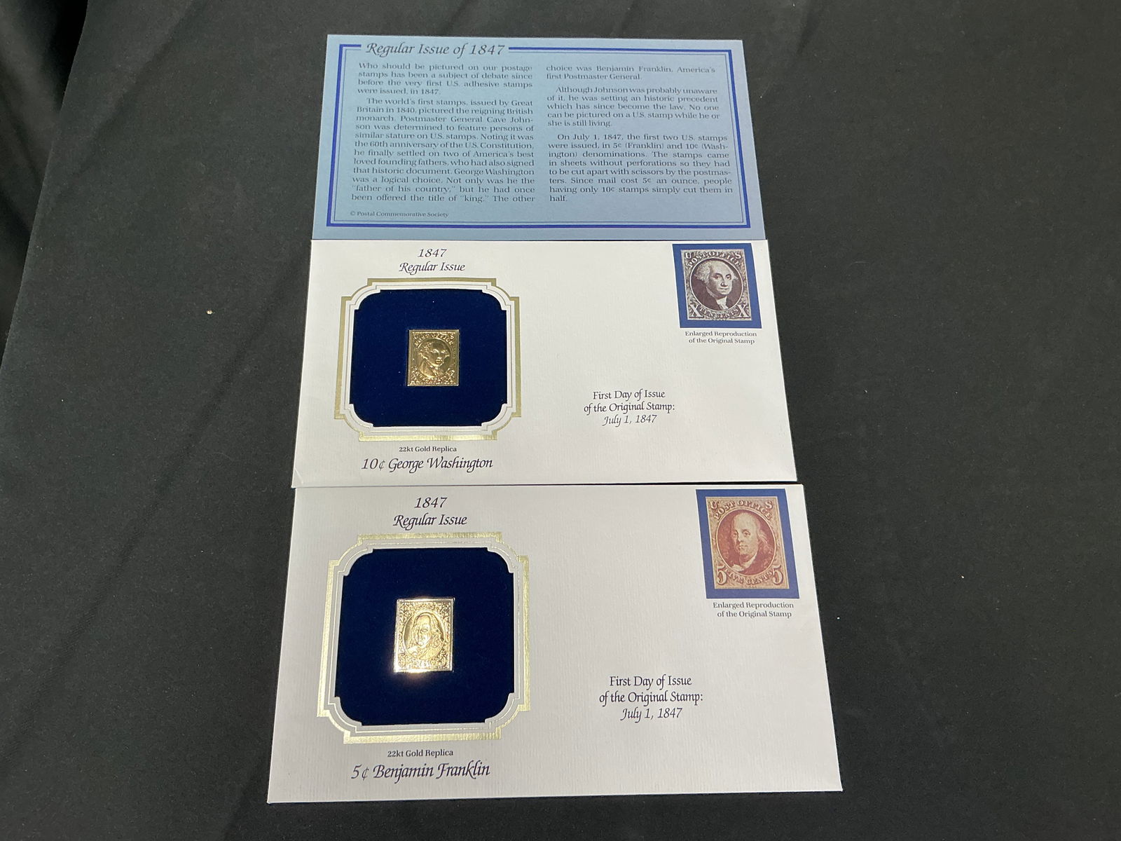 1847 First U.S. Postage Stamp 22kt Gold Replica Set Washington Franklin: Historic commemorative presentation featuring 22kt gold replicas of the first United States postage stamps issued July 1 1847. Matched set of the 10c George Washington and 5c Benjamin Franklin mounted
