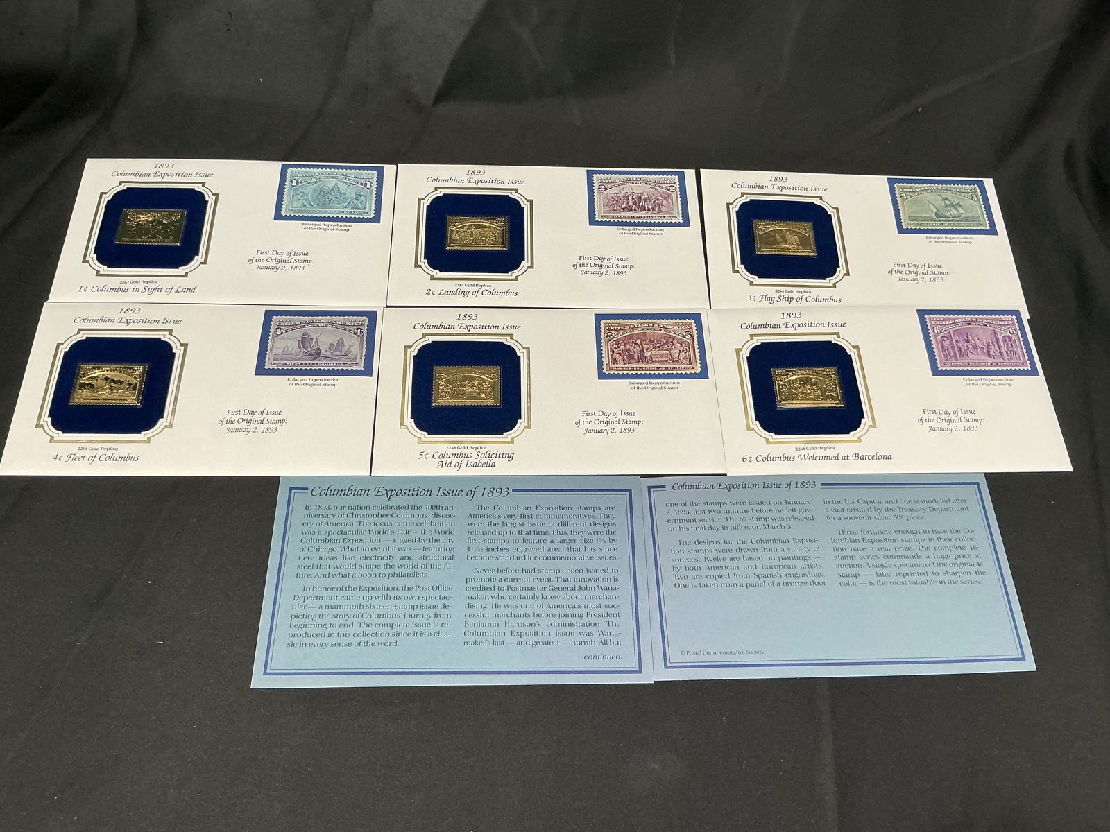 1893 Columbian Exposition 22kt Gold Replica Six Stamp Group: Six 22kt gold replicas from the celebrated 1893 Columbian Exposition issue, including 1c Columbus in Sight of Land, 2c Landing of Columbus, 3c Flag Ship of Columbus, 4c Fleet of Columbus, 5c Columbus