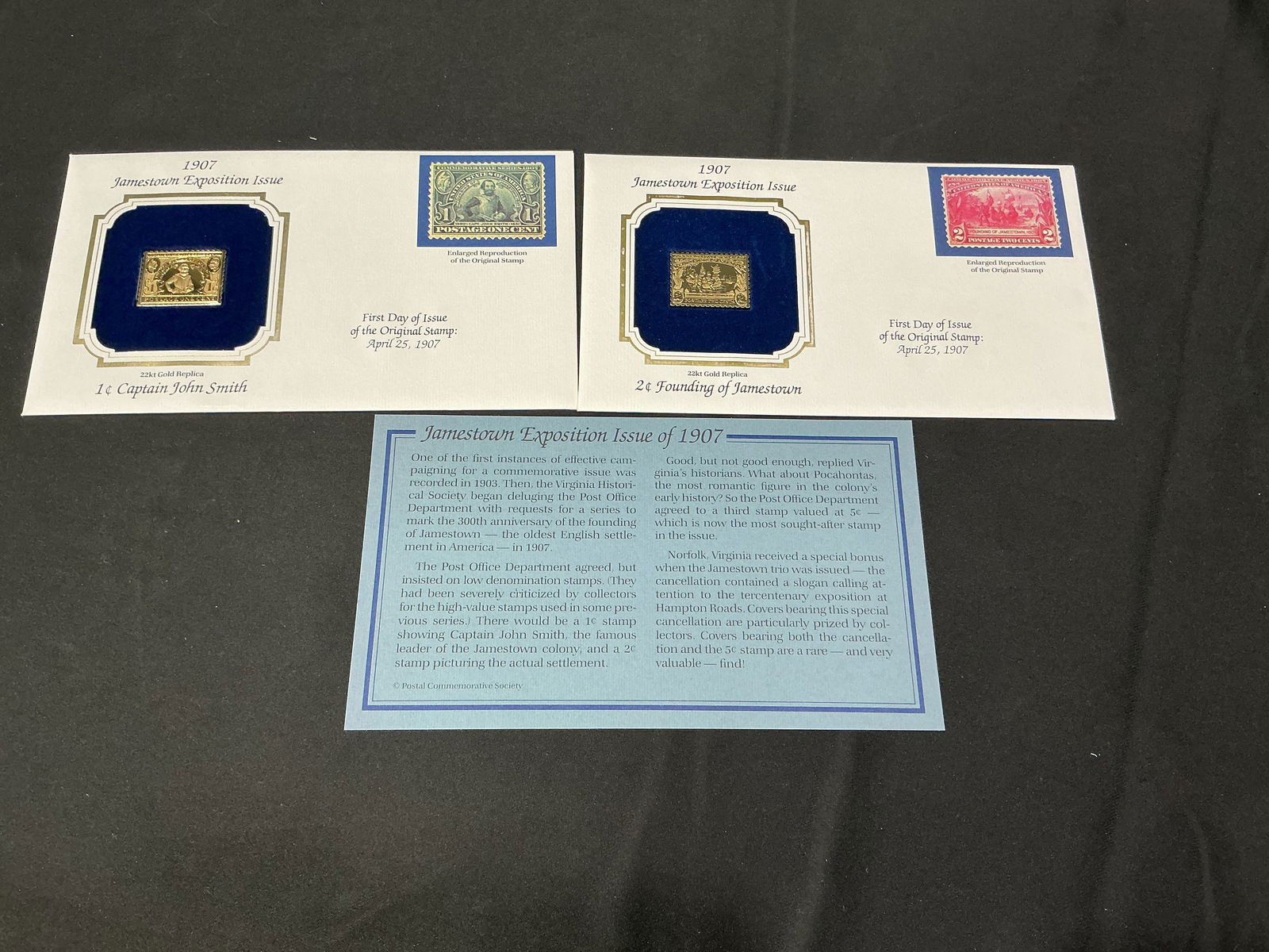1907 Jamestown Exposition 22kt Gold Replica Pair John Smith Settlement: Two 22kt gold replicas from the 1907 Jamestown Exposition commemorative issue, including 1c Captain John Smith and 2c Founding of Jamestown. Both housed in their original blue velvet presentation card