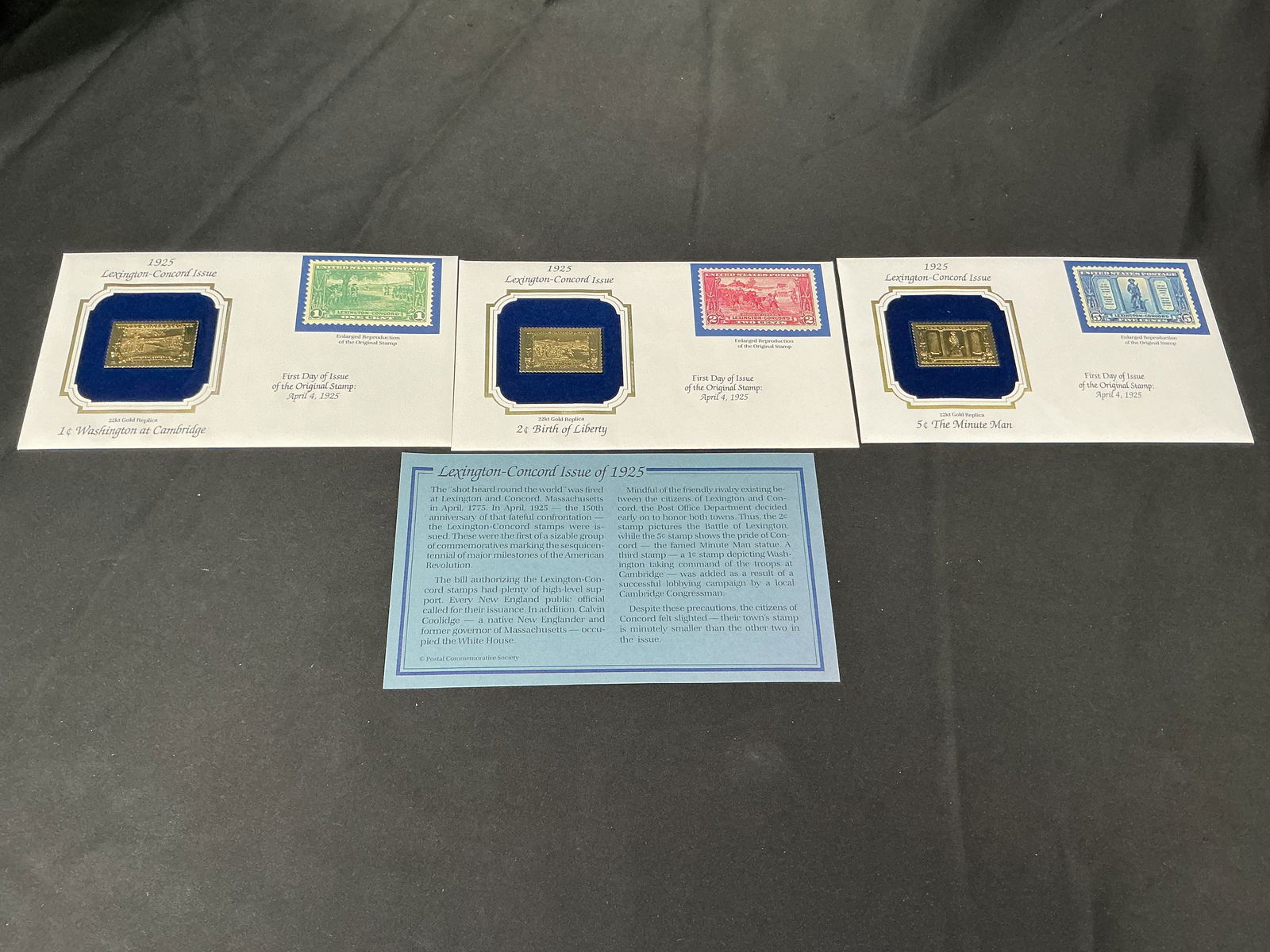 1925 Lexington-Concord 22kt Gold Replica Three Stamp Set: Complete trio of 22kt gold replicas from the 1925 Lexington-Concord commemorative issue including 1c Washington at Cambridge, 2c Birth of Liberty and 5c The Minute Man. Each preserved in its original