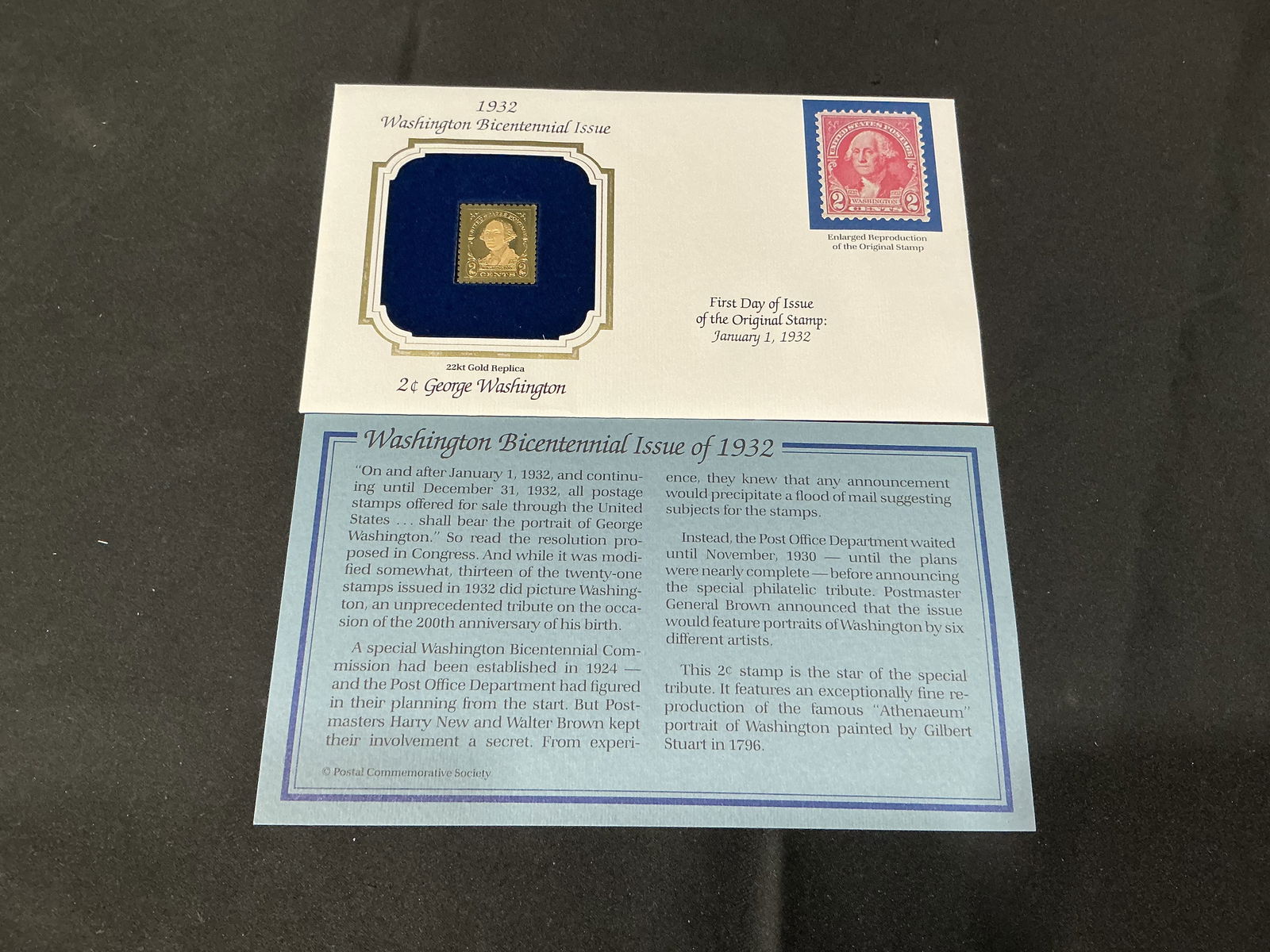 1932 Washington Bicentennial 2c George Washington 22kt Gold Replica: 22kt gold replica from the 1932 Washington Bicentennial issue featuring the 2c George Washington. Displayed in the original blue velvet presentation mount and accompanied by the Postal Commemorative S