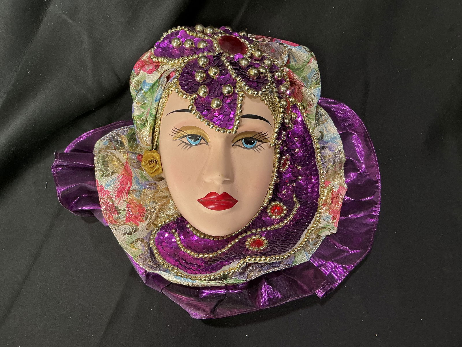 Decorative Venetian-Style Masquerade Mask with Purple Sequin Headdress (1 of 1)