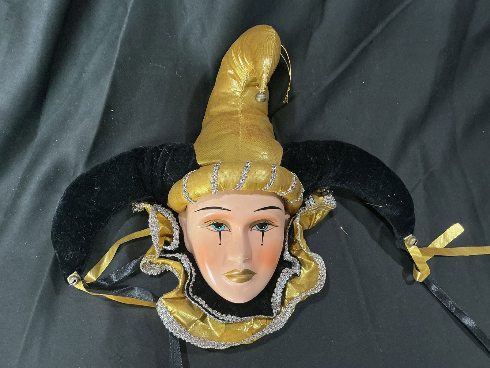 Decorative Venetian-Style Jester Mask with Gold Hat and Black Velvet Horns (1 of 1)