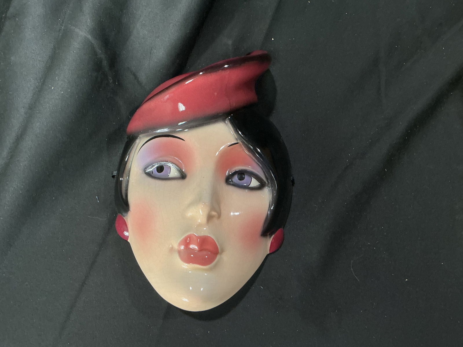 Art Deco Style Female Face Mask with Red Beret and Kissed Lips (1 of 1)