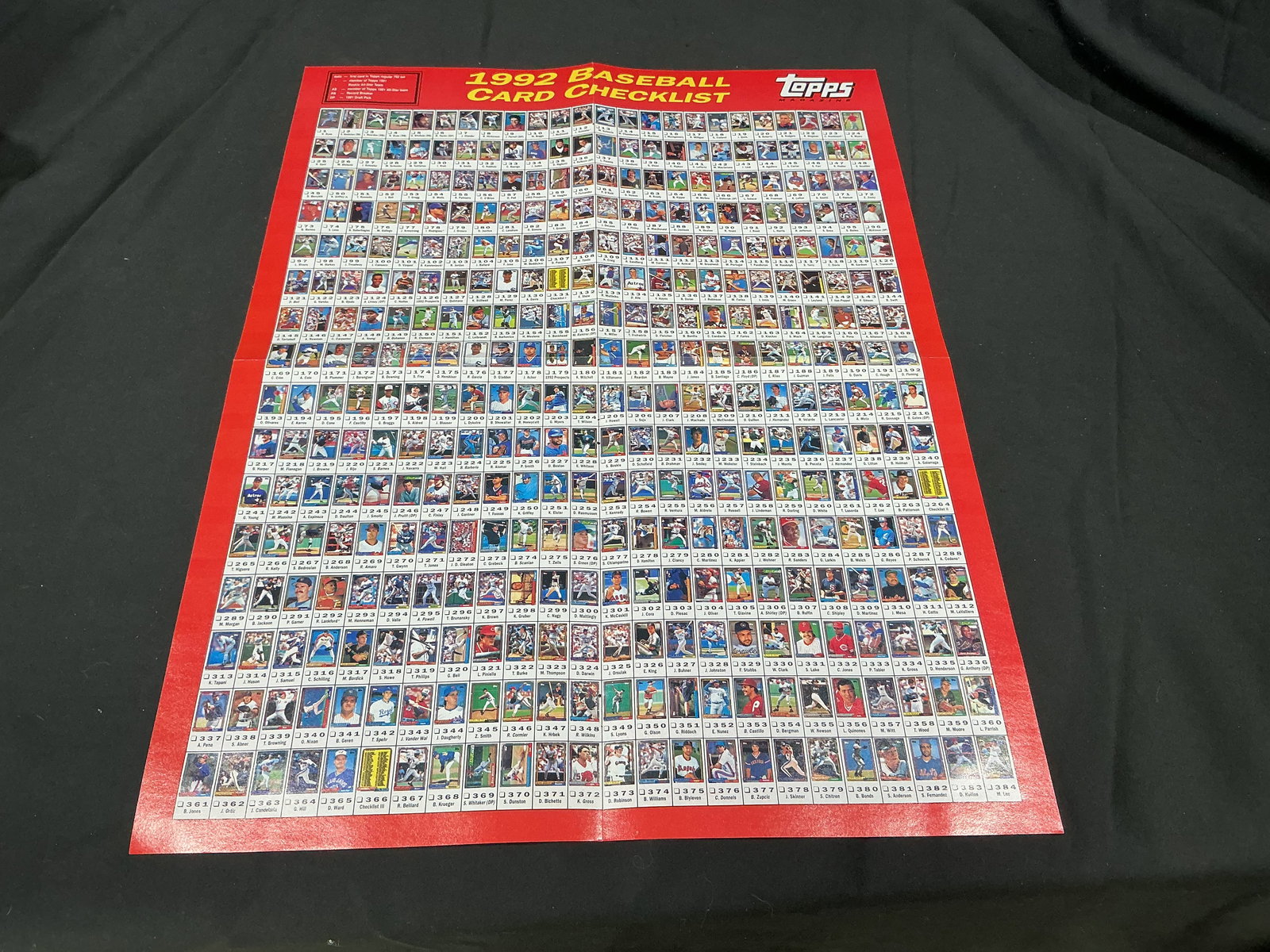 1992 Topps Baseball Card Checklist Poster: Large vintage 1992 Topps Baseball Card Checklist poster featuring the complete card set displayed in grid format. Shows miniature images of the full checklist of 1992 Topps cards with Topps branding a