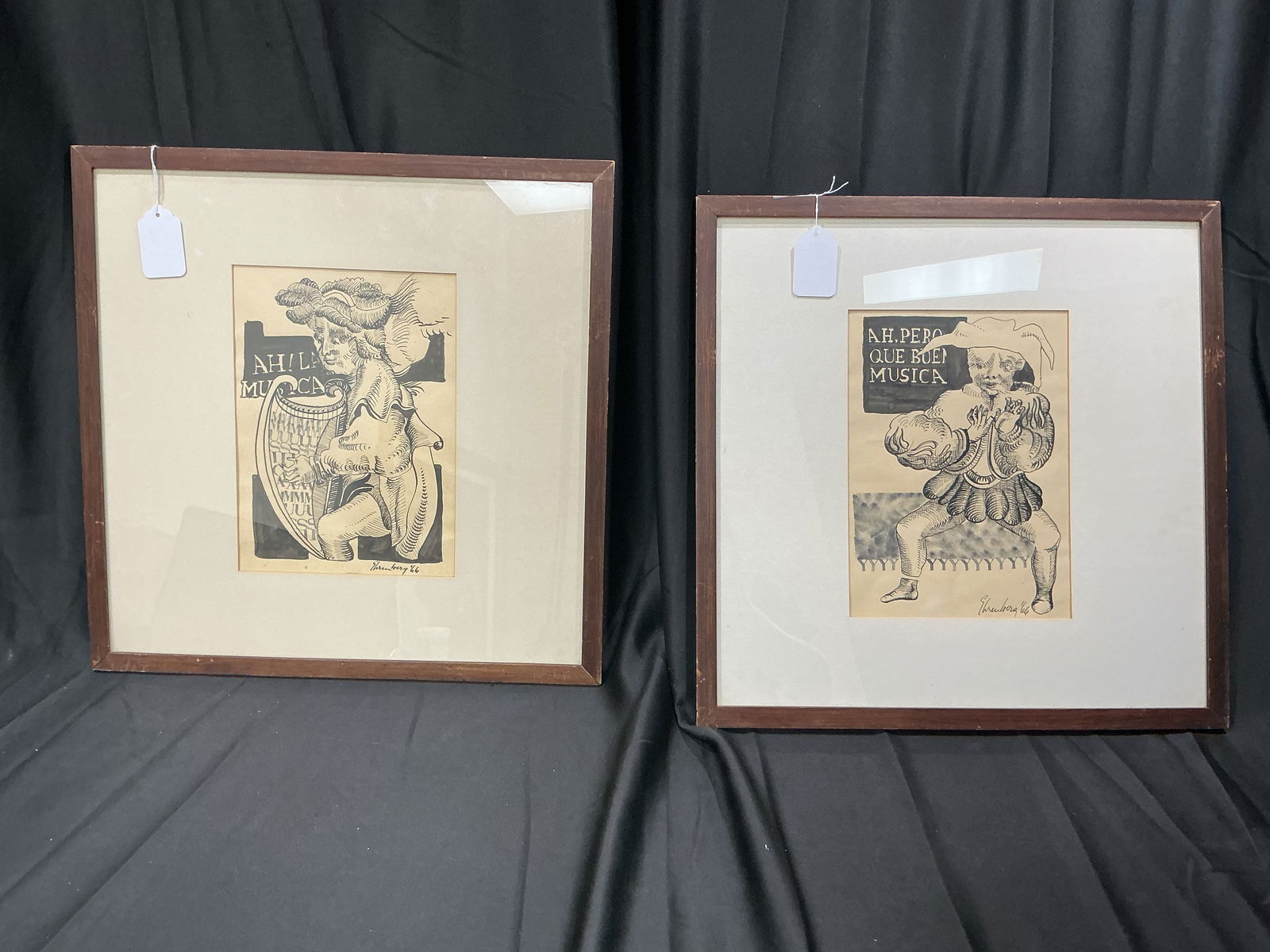 1966 Thurber Framed Pen and Ink Drawings Pair Surreal Figures: Pair of framed pen and ink drawings signed Thurber and dated 66 featuring whimsical surreal figures with stylized musical references. Labels on verso read Mrs Lou Schultz.