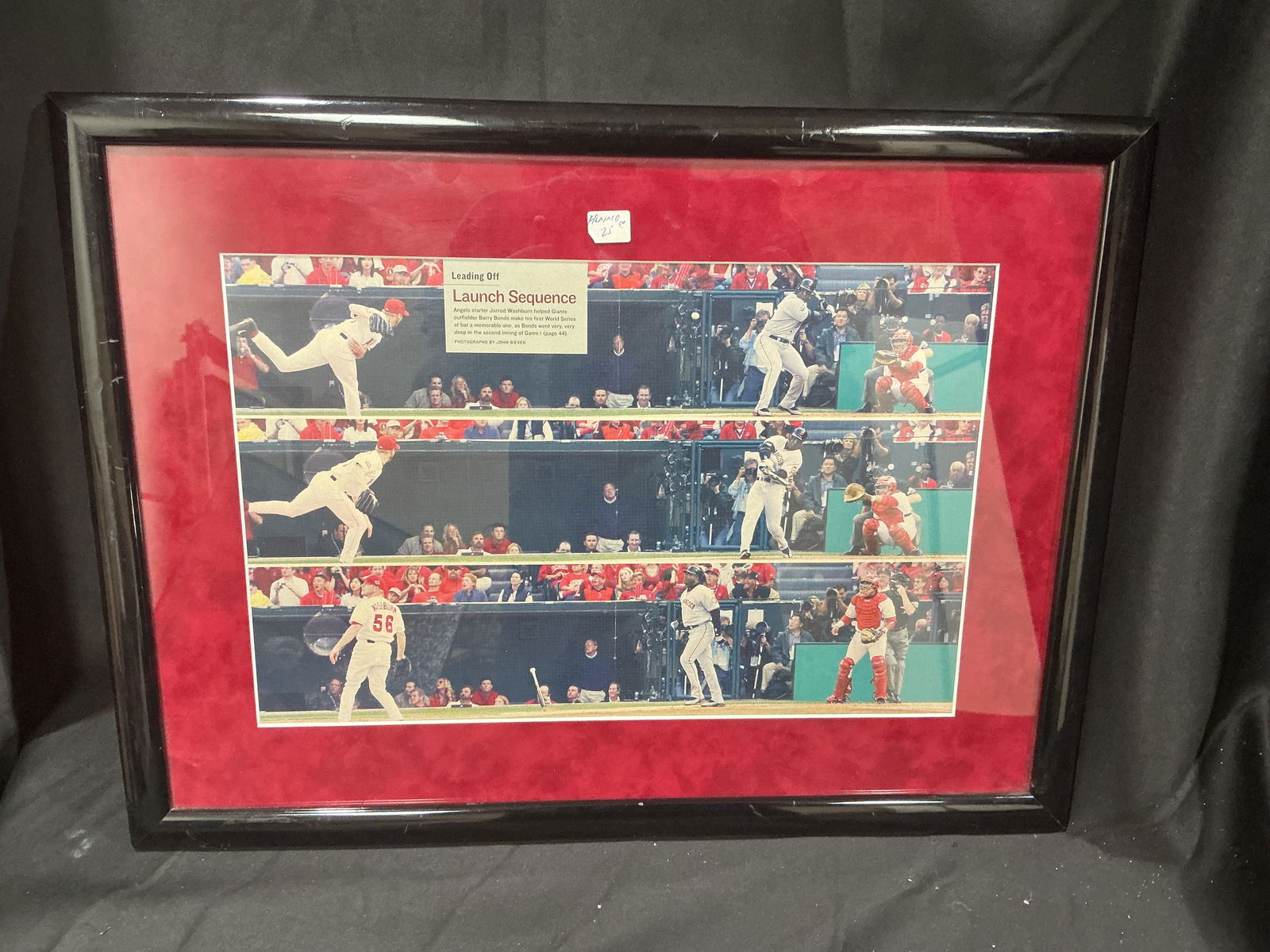 Barry Bonds “Leading Off Launch Sequence” Limited Edition Framed Photo Collage: Captivating horizontal panoramic photo sequence depicting San Francisco Giants slugger Barry Bonds (#25) launching a home run in the second inning of Game 4 during the 2002 World Series against the An