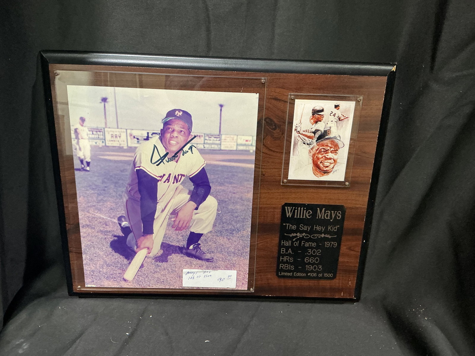 Willie Mays Signed Limited Edition Framed Display (#106 of 1500): Large framed wood plaque display featuring Willie Mays of the San Francisco Giants. Includes a hand-signed color photograph of Mays kneeling on the field, an additional mounted art portrait image,