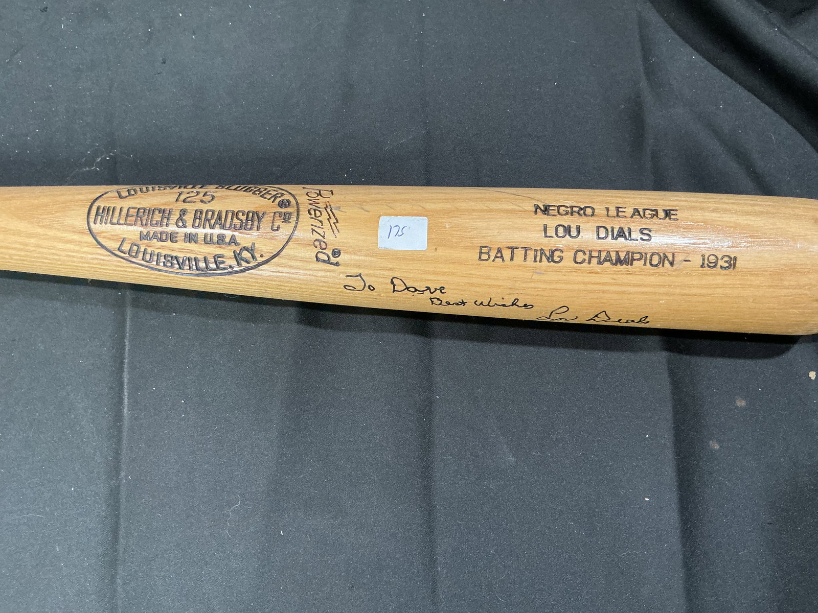Negro League Lou Dials Batting Champion 1931 Commemorative Bat: Louisville Slugger Hillerich & Bradsby commemorative wooden bat honoring Negro League star Lou Dials, marked 'Negro League Lou Dials Batting Champion – 1931'. Includes period-style inscriptions and