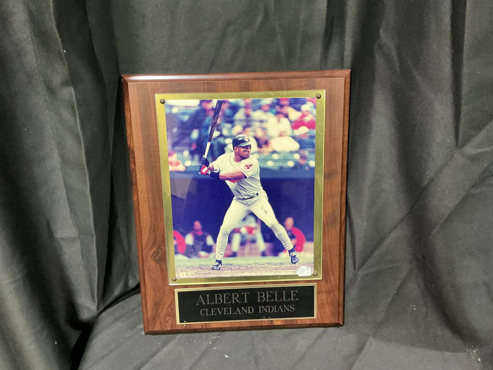 Albert Belle Cleveland Indians Display Plaque: Woodgrain display plaque featuring a color action photo of Albert Belle with engraved nameplate 'ALBERT BELLE / CLEVELAND INDIANS'.