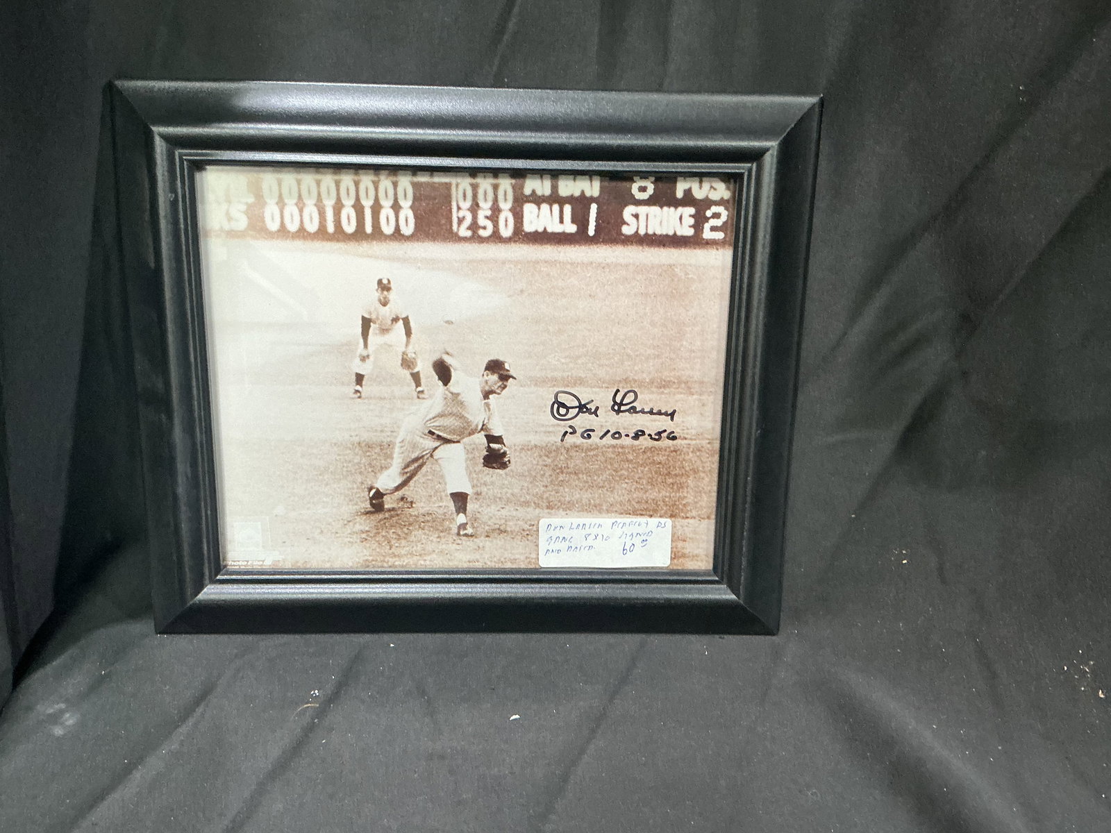 Don Larsen Signed 'Perfect Game' Framed Photo (8x10) with Inscription: Framed black-and-white pitching action photo signed 'Don Larsen' with inscription referencing 1956 World Series Perfect Game (10-8-56).