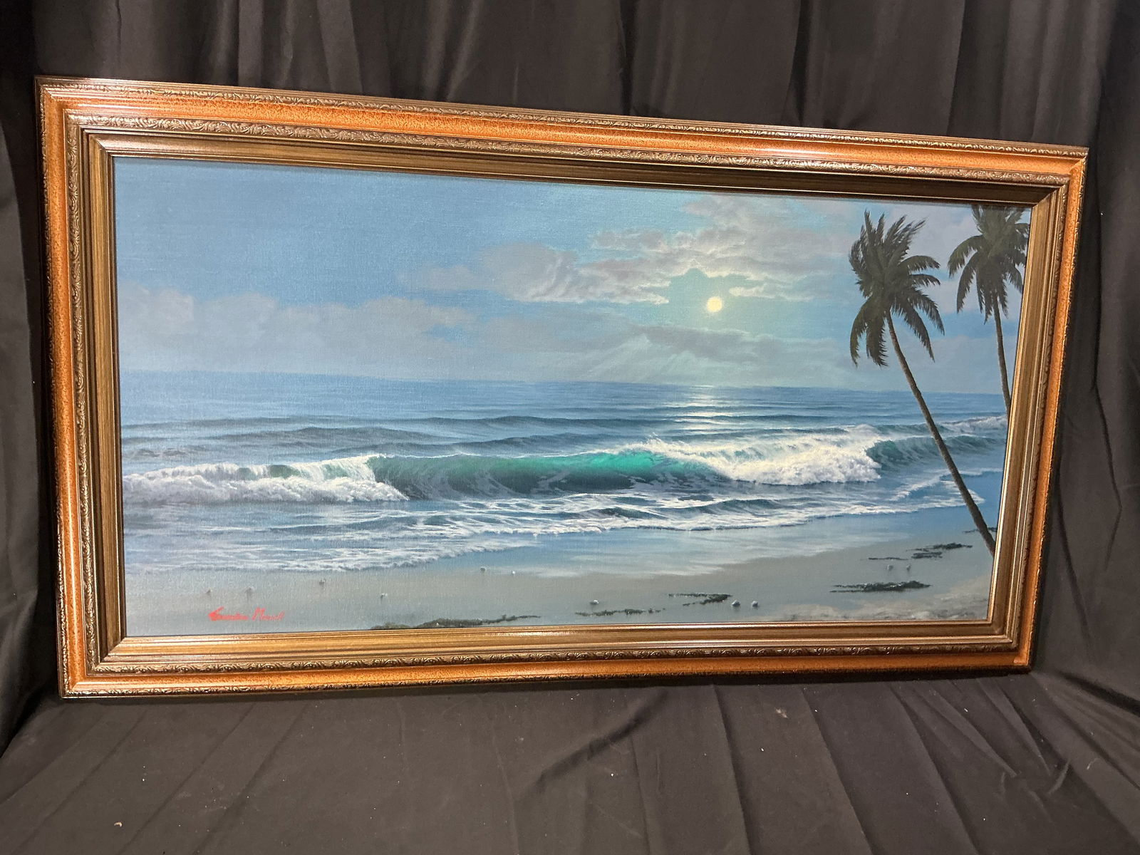 Stephen Mirich Tropical Seascape Painting: Signed tropical seascape painting by Stephen Mirich depicting rolling waves, palm trees, and moonlit sky, framed.