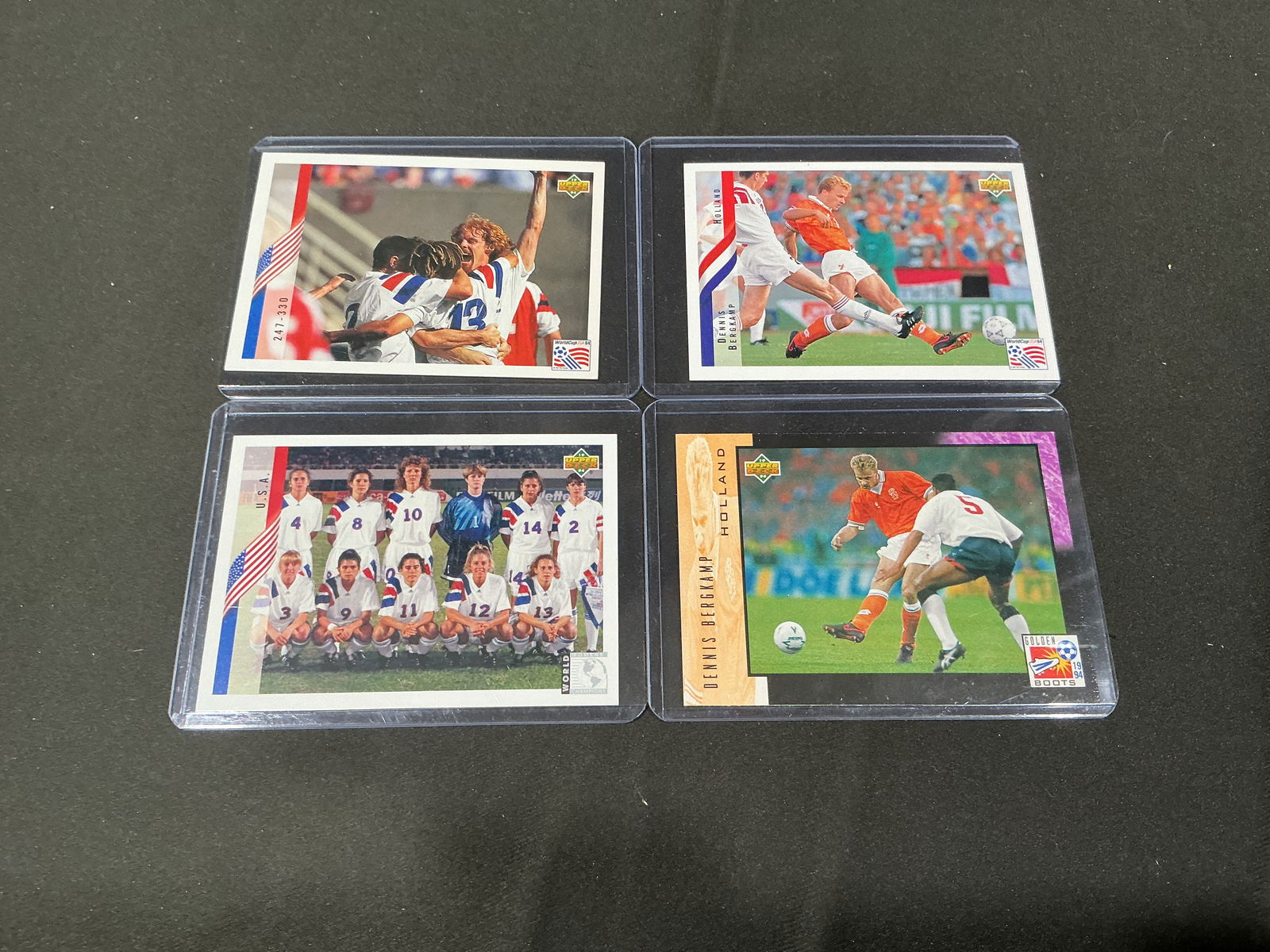 Vintage Soccer Football Card Lot 4 Cards USA Team Dennis Bergkamp Upper Deck: Group of four vintage soccer football trading cards including USA national team issue and Dennis Bergkamp cards. Includes Upper Deck World Cup era cards featuring international competition scenes and