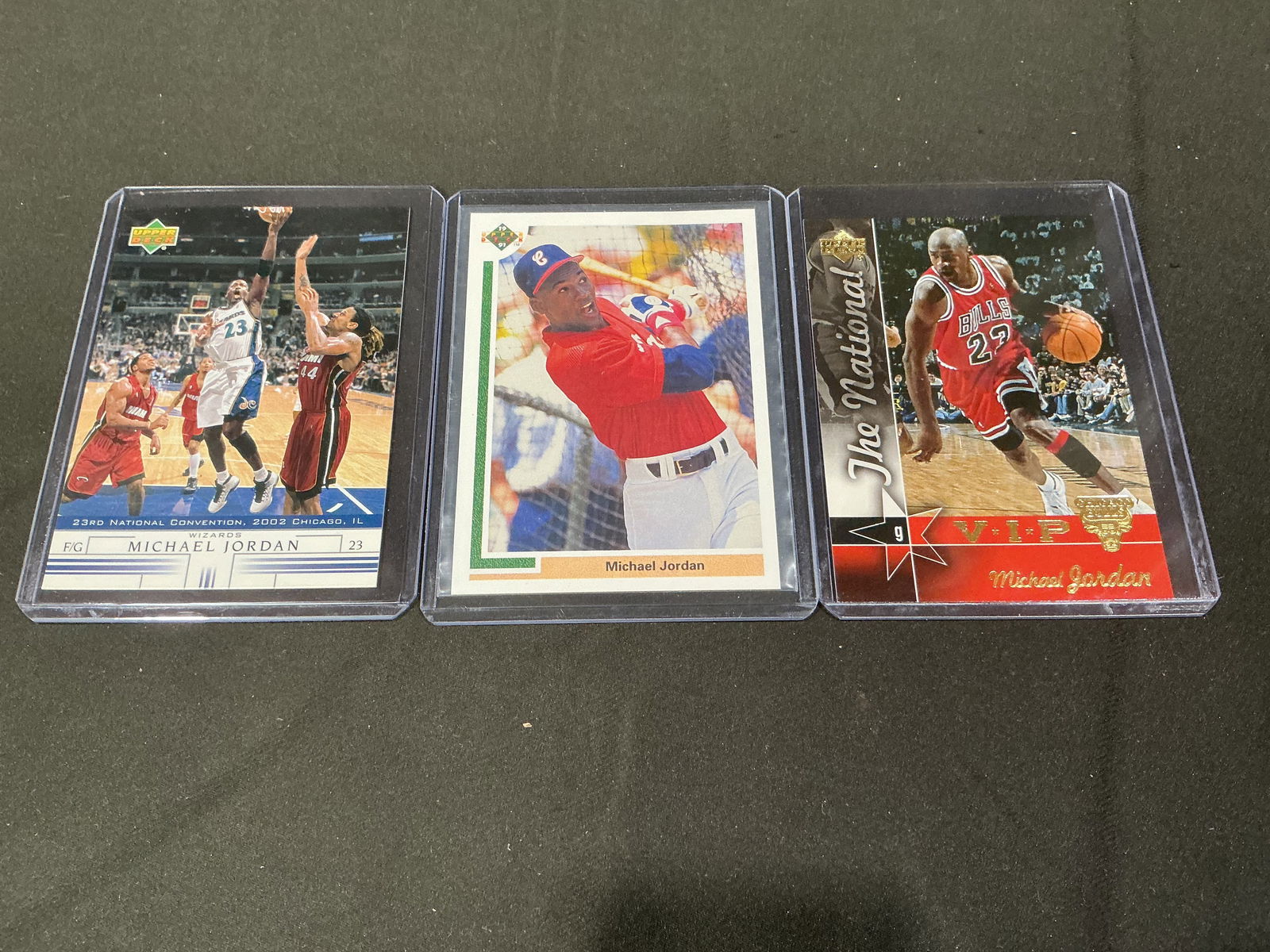 Michael Jordan Chicago Bulls Baseball White Sox Card Lot 3 Cards Upper Deck: Group of three Michael Jordan cards featuring both Chicago Bulls basketball and his baseball era with the Chicago White Sox organization. Includes Upper Deck issues and National Convention themed card