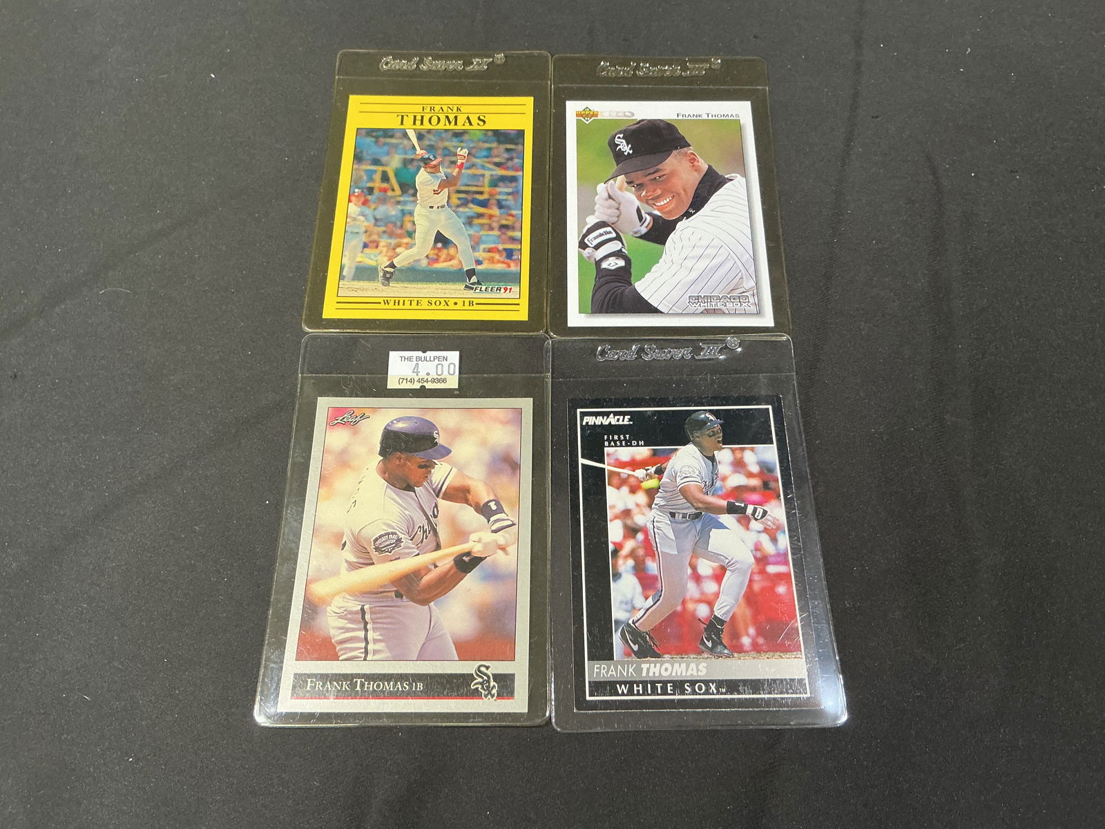 Frank Thomas Chicago White Sox Baseball Card Lot 4 Cards Fleer Upper Deck Pinnacle Leaf: Group of four vintage Frank Thomas baseball cards featuring the Chicago White Sox Hall of Fame first baseman. Includes early-career issues from Fleer, Upper Deck, Leaf, and Pinnacle. Strong representa