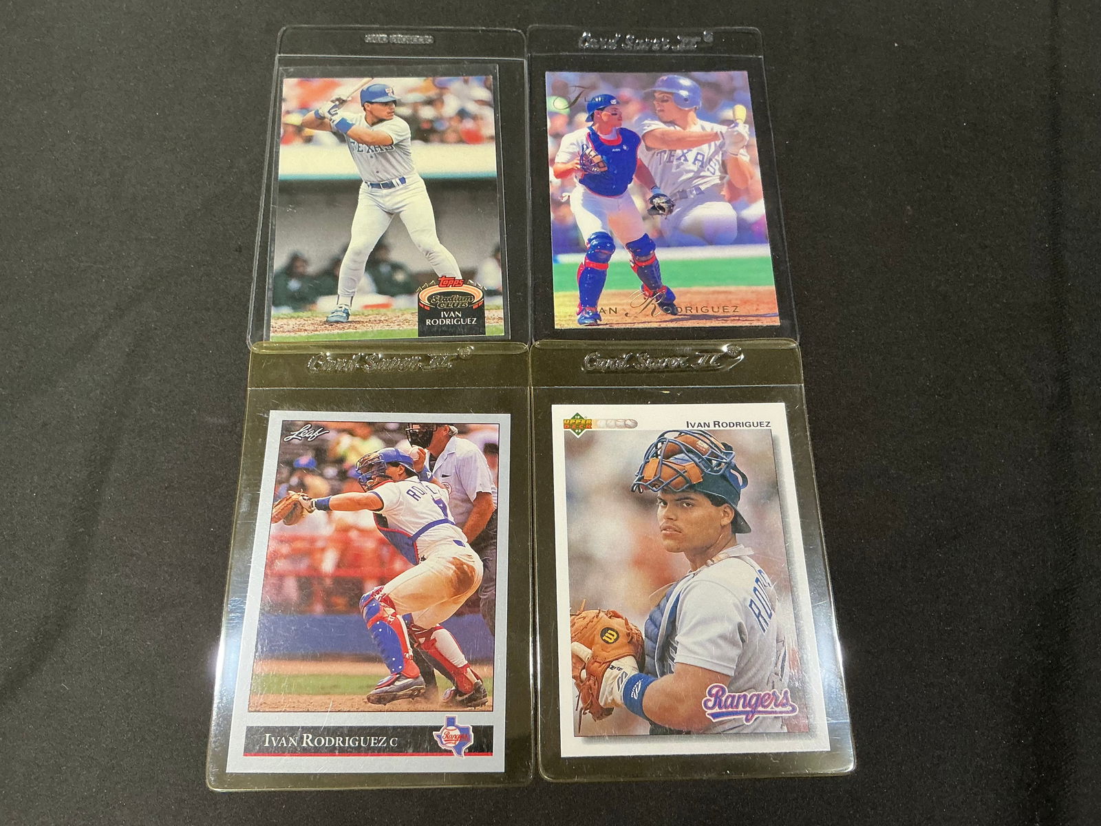 Ivan Rodriguez Texas Rangers Baseball Card Lot 4 Cards Topps Upper Deck Leaf: Group of four Ivan Rodriguez baseball cards featuring the Hall of Fame Texas Rangers catcher. Includes early-career issues from Topps, Upper Deck, and Leaf showcasing 'Pudge' during his rise as one of