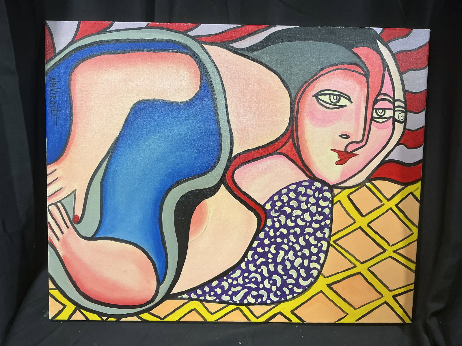 Modern Abstract Figural Painting Signed by Verdult titled “Many Opinions”: Bold modern abstract figural painting depicting a reclining female form in vibrant geometric color fields. Signed 'Verdult' and titled 'Many Opinions' verso with inventory number. Strong contemporary