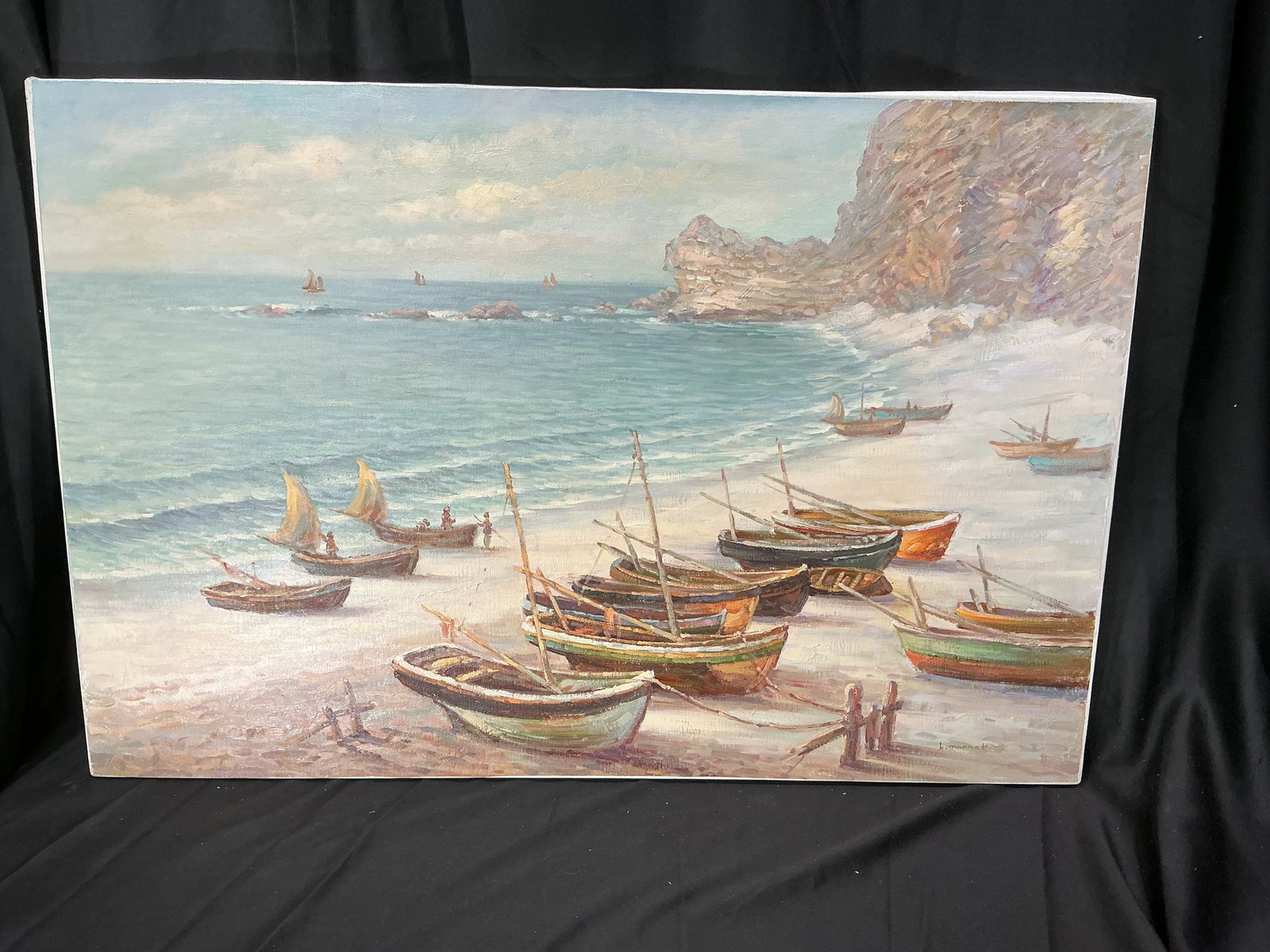 Signed Coastal Harbor Fishing Boats Oil Painting L. Mannet Canvas (1 of 4)