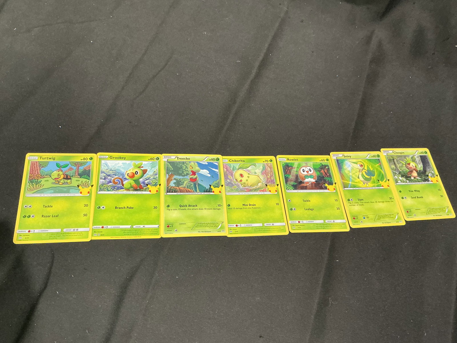 Pokemon Card Collection Grass Starter Lot Turtwig Grookey Treecko Chikorita Rowlet Snivy Chespin: Reintroduced after earlier demand, with fewer chances remaining. Previous opportunities have passed—strong interest expected as availability tightens. Group of seven Pokemon cards featuring grass ty