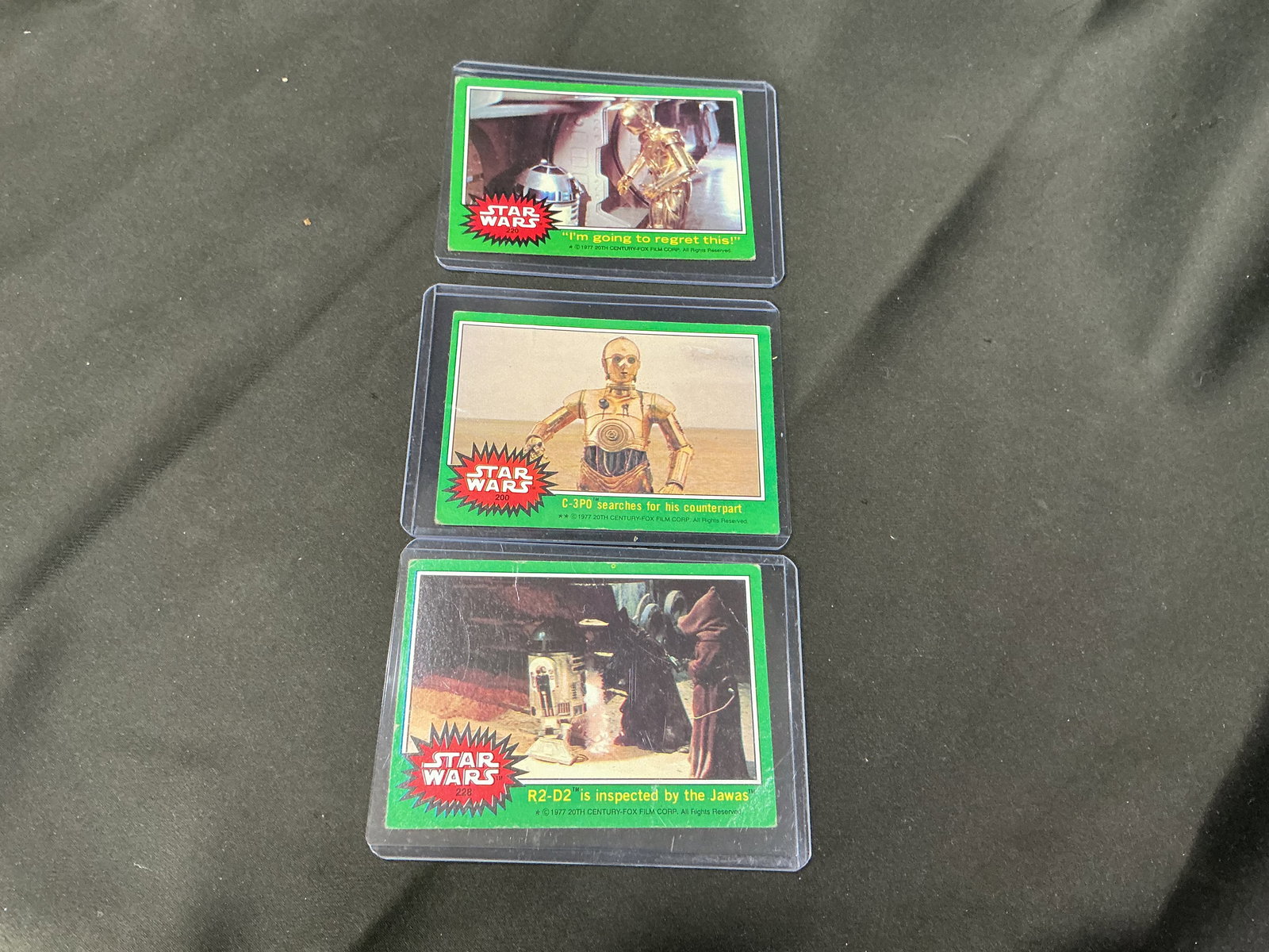 Star Wars Trading Card Lot C-3PO R2-D2 Scene Cards 3pc: Three classic Star Wars scene cards featuring C-3PO and R2-D2 moments including Jawa inspection and iconic film stills. Green-bordered series cards with strong nostalgia appeal for collectors and fran
