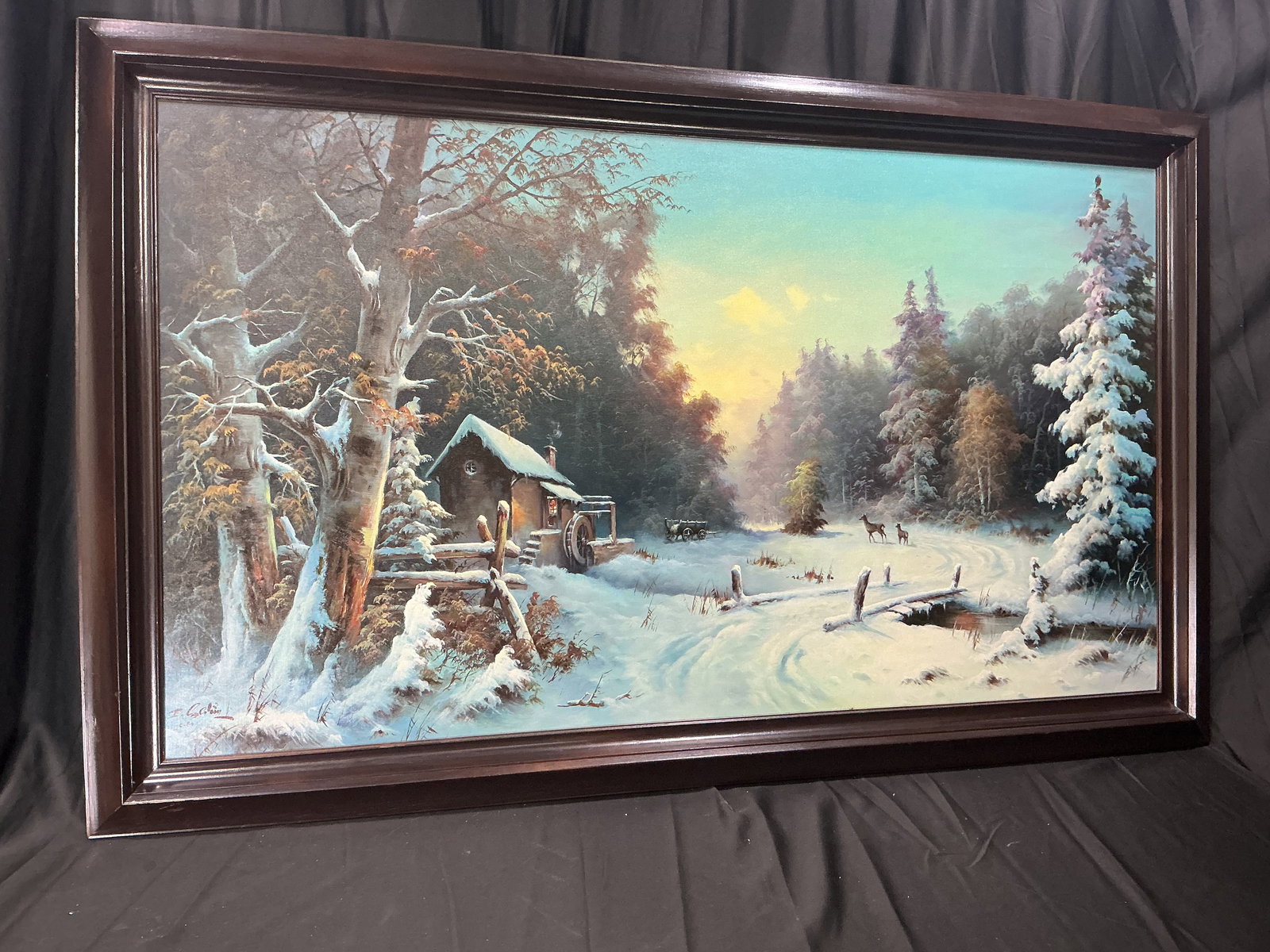 Eugene Garin Winter Landscape Cabin Scene Framed Oil Painting: Original Eugene Garin winter landscape painting featuring a snow covered cabin scene with forest setting and warm sunset tones. Signed lower corner and presented in a large decorative frame. Strong ex