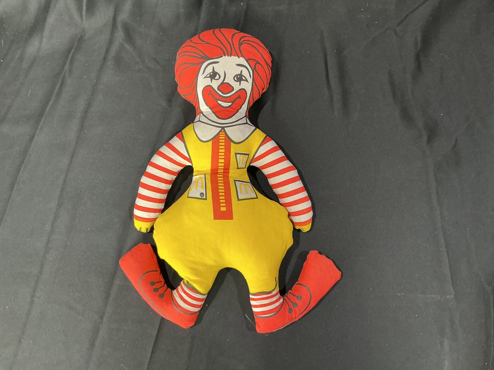 Vintage Ronald McDonald Plush Advertising Doll Figure: Vintage Ronald McDonald soft plush advertising figure featuring classic McDonalds character design with bright red hair, striped sleeves, oversized shoes, and Ronald McDonald branding on reverse. Prev