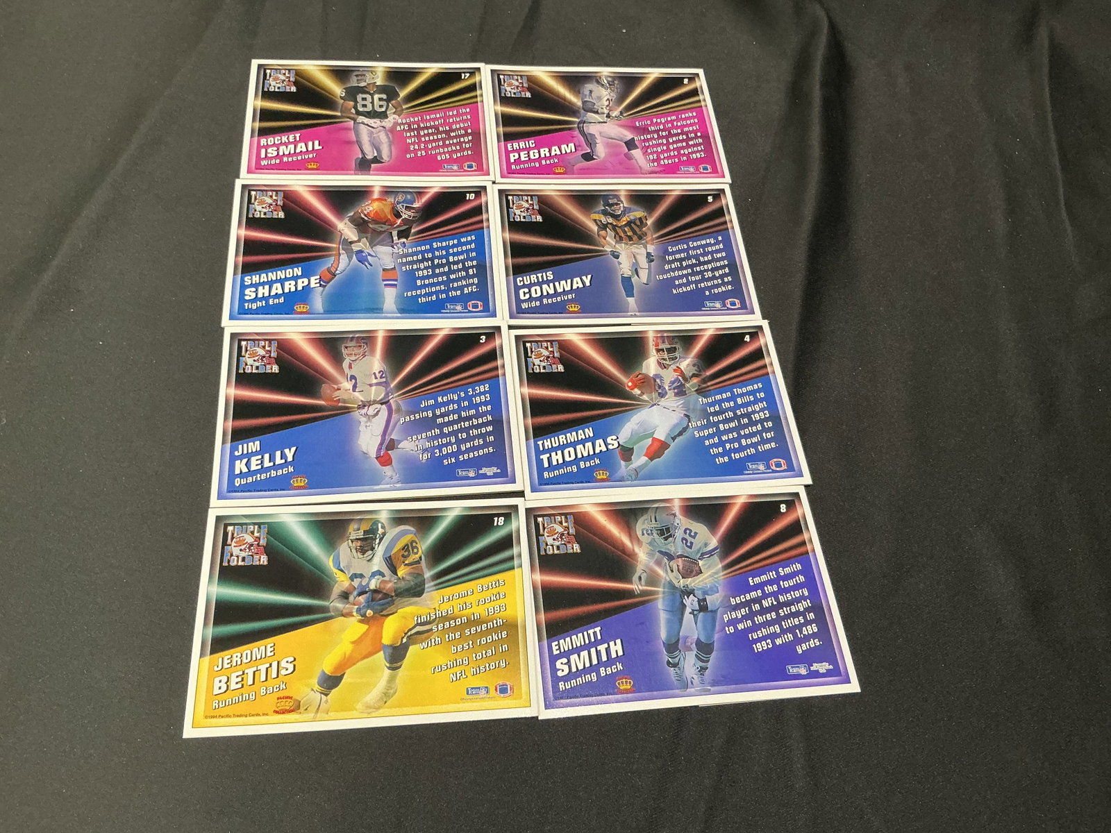 1994 Triple Folder NFL Stars Insert Card Lot Emmitt Smith Bettis: Vintage 1994 Triple Folder NFL insert card lot featuring Emmitt Smith, Jerome Bettis, Jim Kelly, Thurman Thomas, Shannon Sharpe, Rocket Ismail, Erric Pegram, and Curtis Conway. Interactive fold-out fo