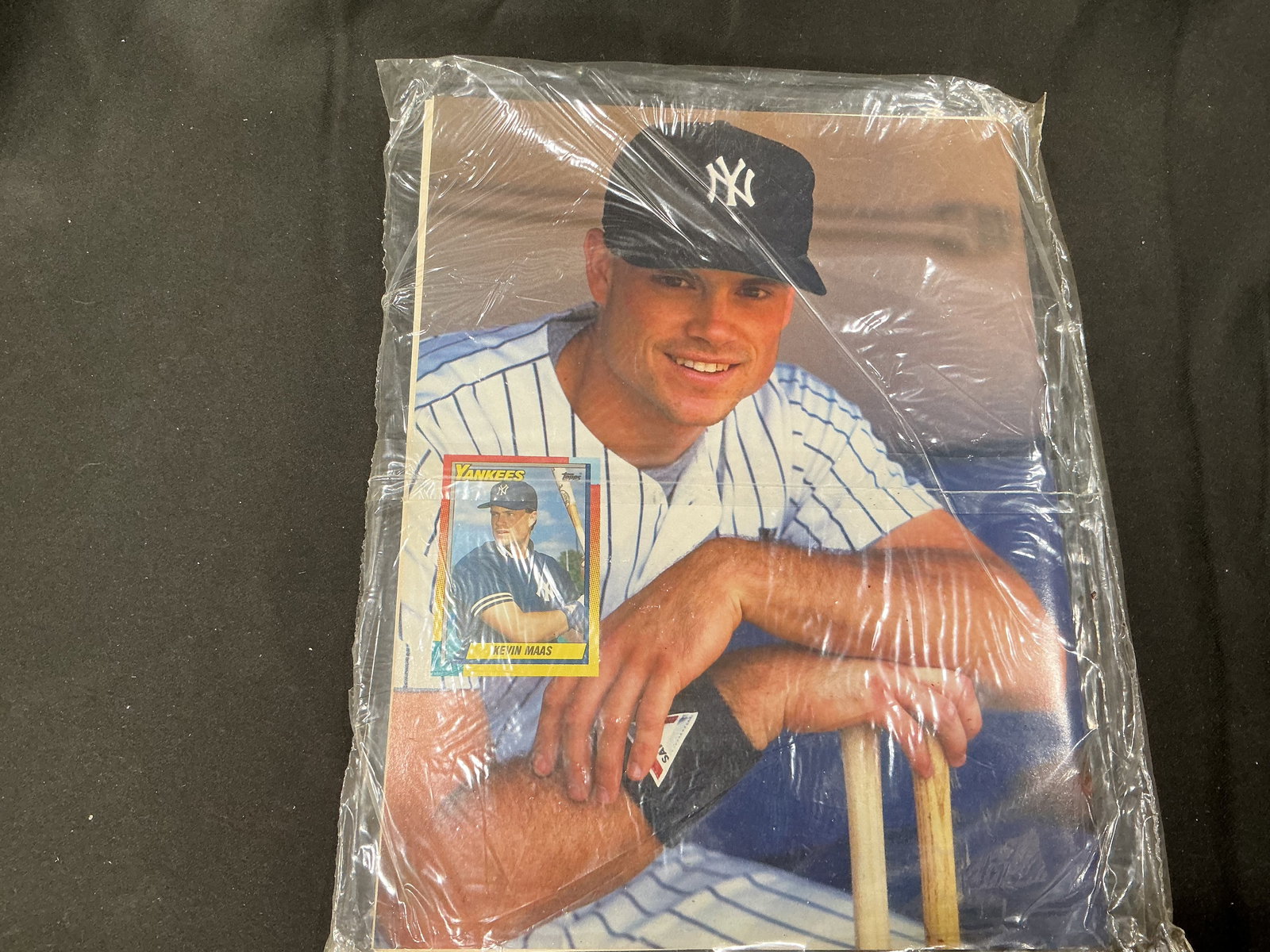 Kevin Maas New York Yankees Sealed Poster Photo Pack: Vintage Kevin Maas New York Yankees promotional poster and photo pack still sealed in original wrapping. Features oversized portrait imagery with included baseball card graphic and strong early 1990s 