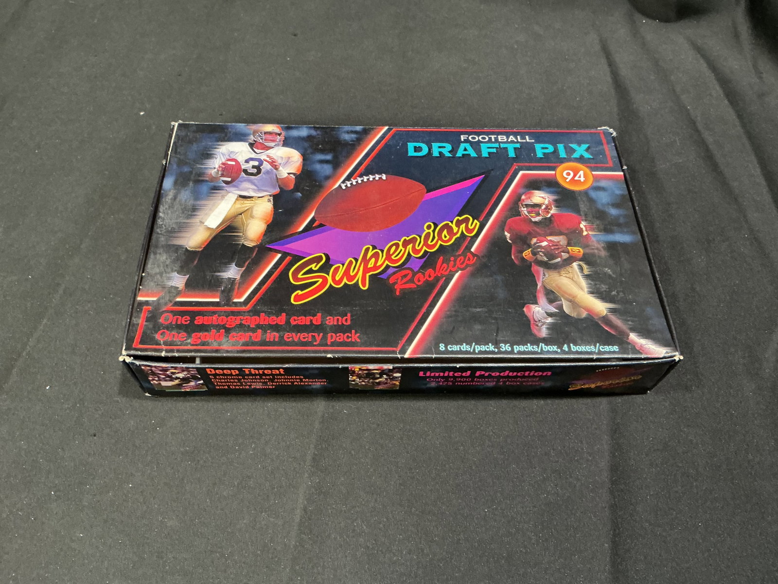 1994 Superior Rookies Draft Pix Football Hobby Box: 1994 Superior Rookies Draft Pix football sealed hobby box featuring 36 packs with rookie-focused content, gold cards, and autographed card potential. Box highlights draft era stars and limited product