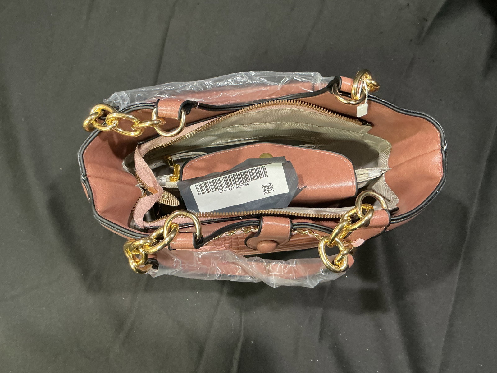 Rose Pink Croc Texture Chain Handle Fashion Handbag: Rose pink fashion handbag featuring croc texture panel accents, gold tone chain hardware, dual carry handles, and removable shoulder strap. Interior includes multiple compartments and zip storage with
