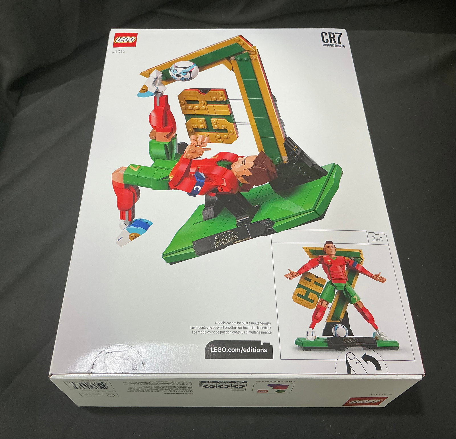 LEGO CR7 Cristiano Ronaldo Soccer Legend Set 43016 Sealed Repeat Offering: LEGO Cristiano Ronaldo CR7 Soccer Legend set 43016 featuring 854 pieces and display-ready articulated build. Includes Portugal-inspired color design, signature display base, and alternate pose