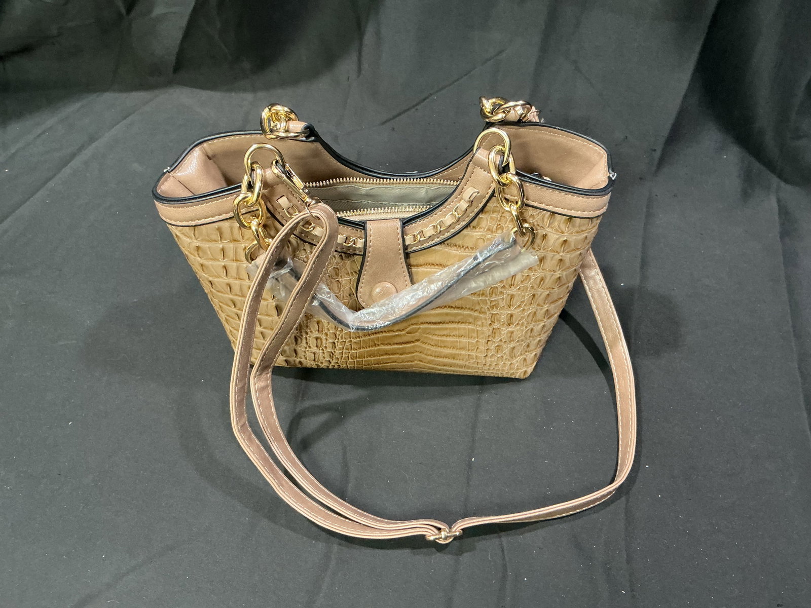 Tan Faux Crocodile Texture Handbag Purse With Shoulder Strap: Fashion handbag featuring tan faux crocodile texture exterior with gold-tone hardware, dual carry handles, and removable shoulder strap. Interior includes multiple storage compartments with zippered s