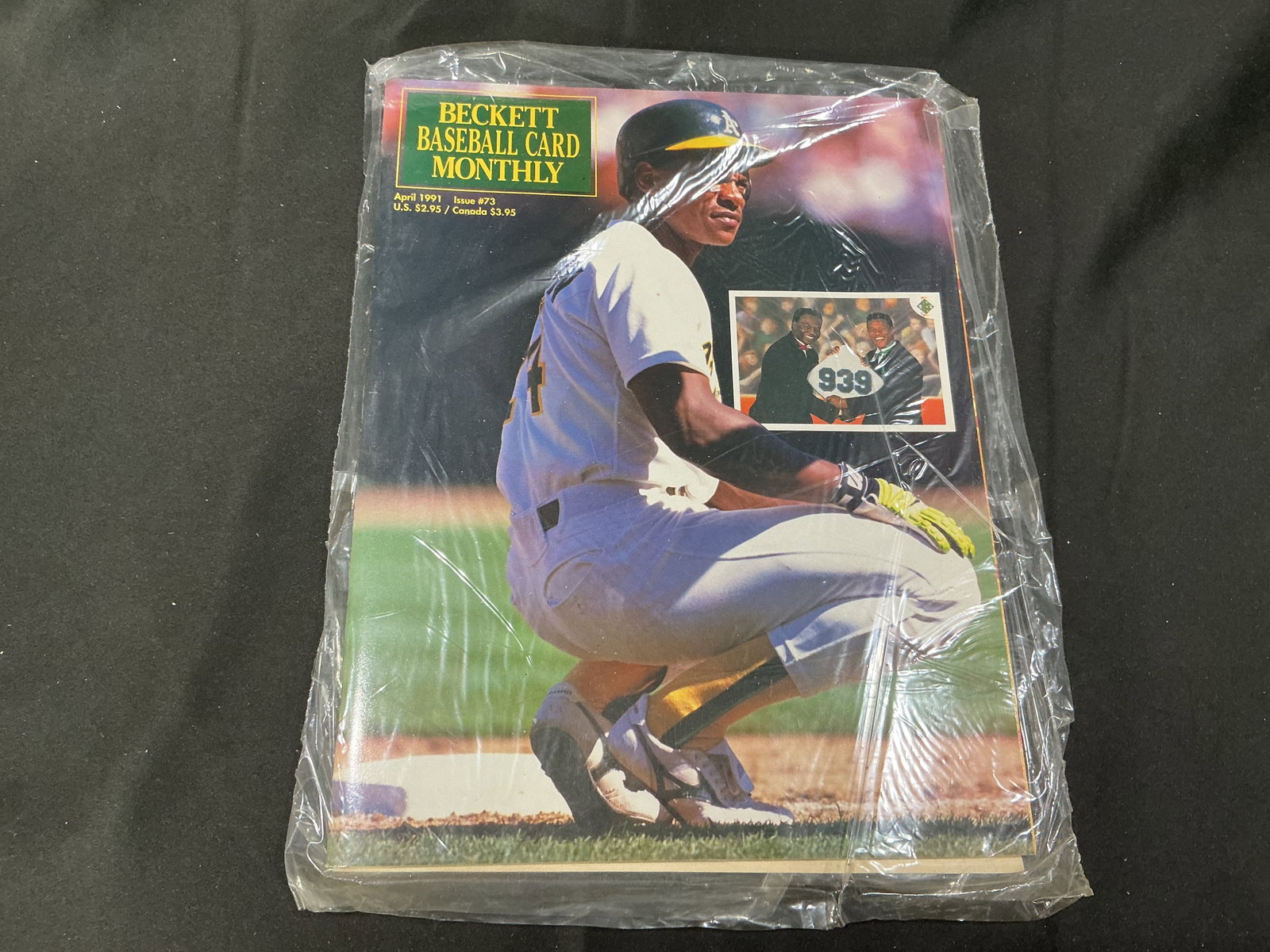 1991 Beckett Baseball Card Monthly Rickey Henderson Issue Sealed: April 1991 Beckett Baseball Card Monthly Issue #73 featuring Rickey Henderson cover artwork. Original subscriber-mailed issue still sealed in protective mailing wrap. Vintage hobby publication from