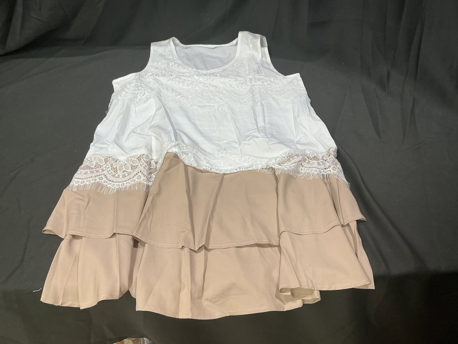 Women's White and Beige Layered Lace Dress Size Large: Women's layered sleeveless dress featuring white lace accented upper with beige tiered skirt styling. Marked size large with soft neutral color presentation and decorative lace trim details.