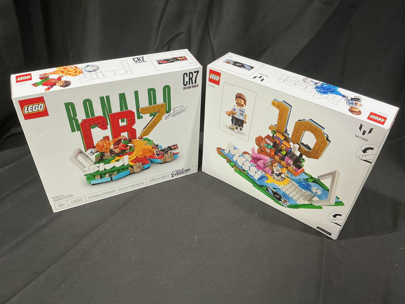 LEGO Messi & Ronaldo Soccer Highlights Set Pair Back Again Returning Collector Favorite: Pair of LEGO soccer highlight display sets featuring mini Lionel Messi set 43011 and Cristiano Ronaldo CR7 set 43012. Matching modern collector display builds combining global soccer icons with LEGO