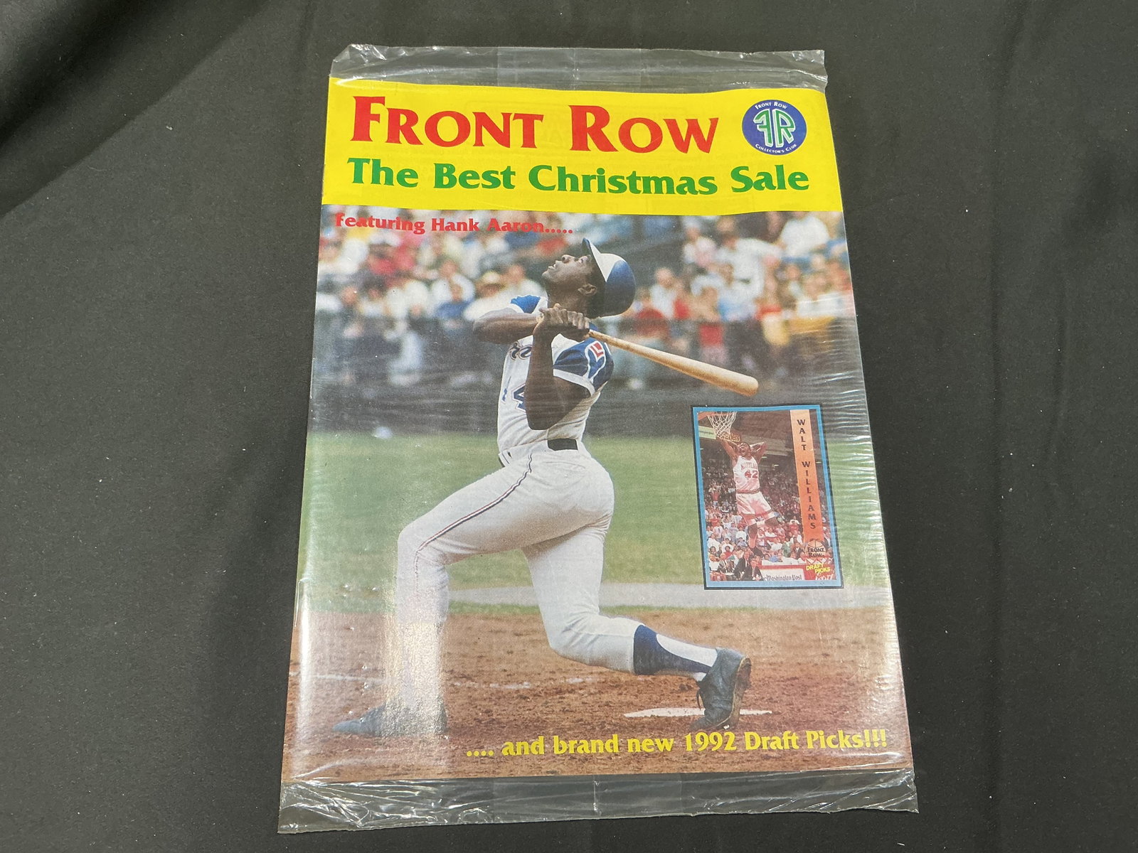 1992 Front Row The Best Christmas Sale Sports Card Mailer: Sealed 1992 Front Row promotional sports card mailer featuring Hank Aaron on the cover and references to 1992 draft picks. Original unopened collector mailer with vintage sports card hobby