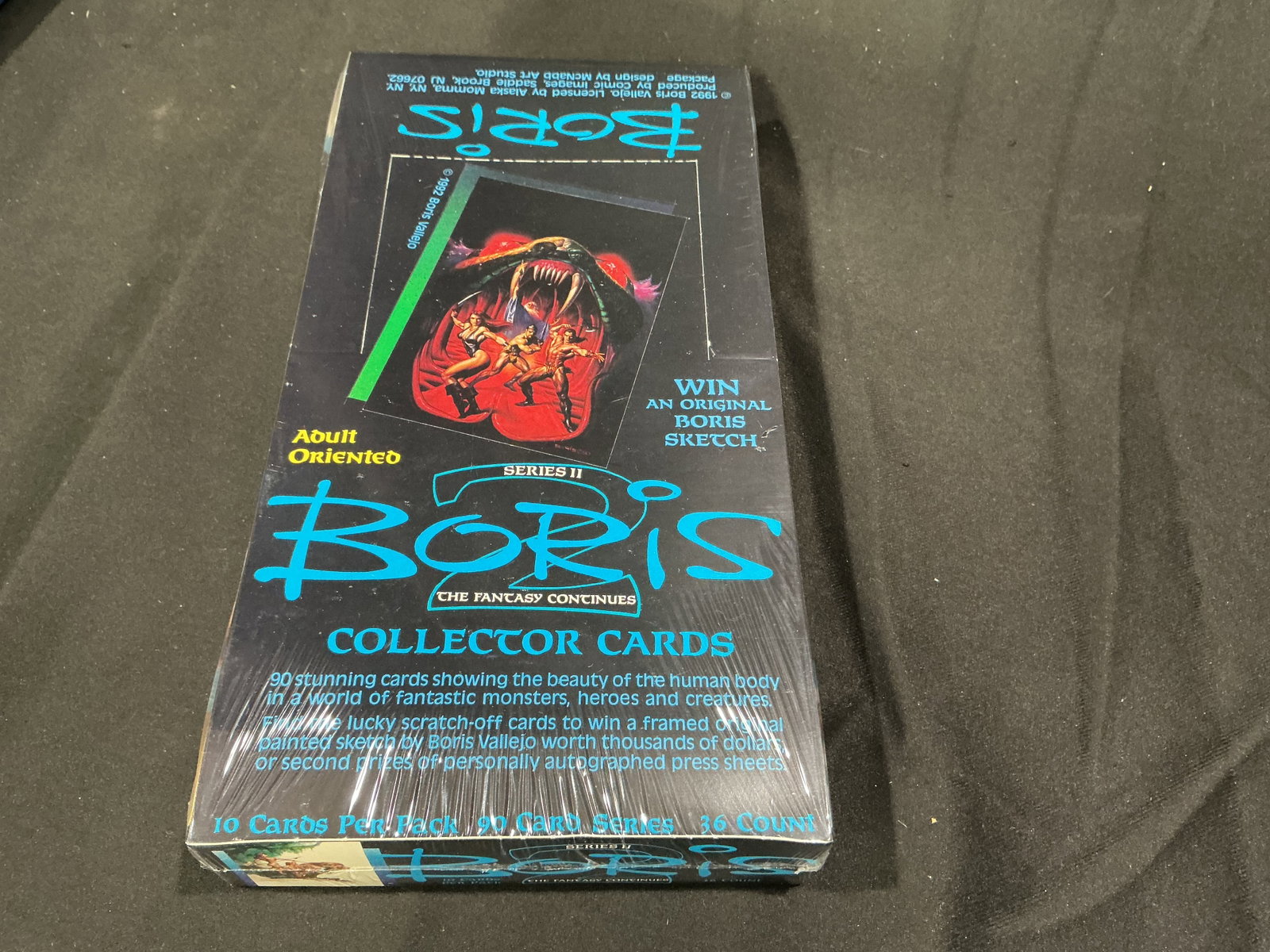 1992 Boris Vallejo Boris Series II Sealed Trading Card Box: Factory sealed 1992 Boris Series II collector card box featuring fantasy artwork by Boris Vallejo. Includes 36 packs with fantasy art cards and promotional chase opportunities.